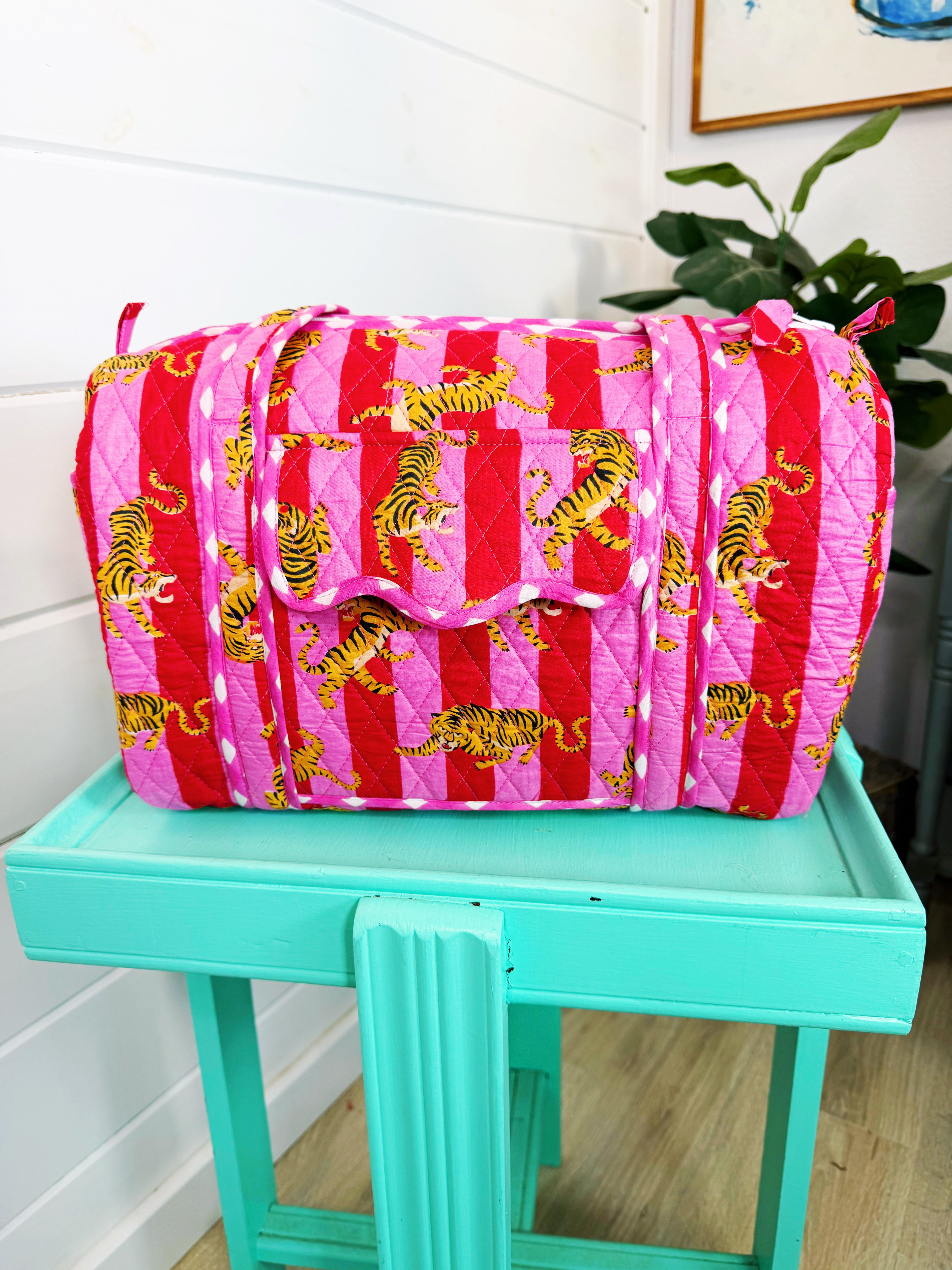 Quilted Mini Duffle Bag - Pink Red Tiger Print