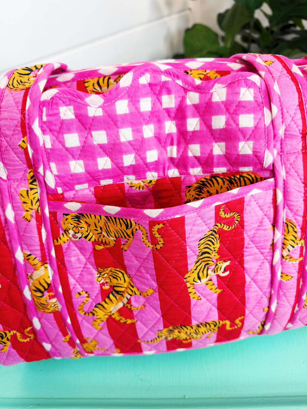 Quilted Mini Duffle Bag - Pink Red Tiger Print