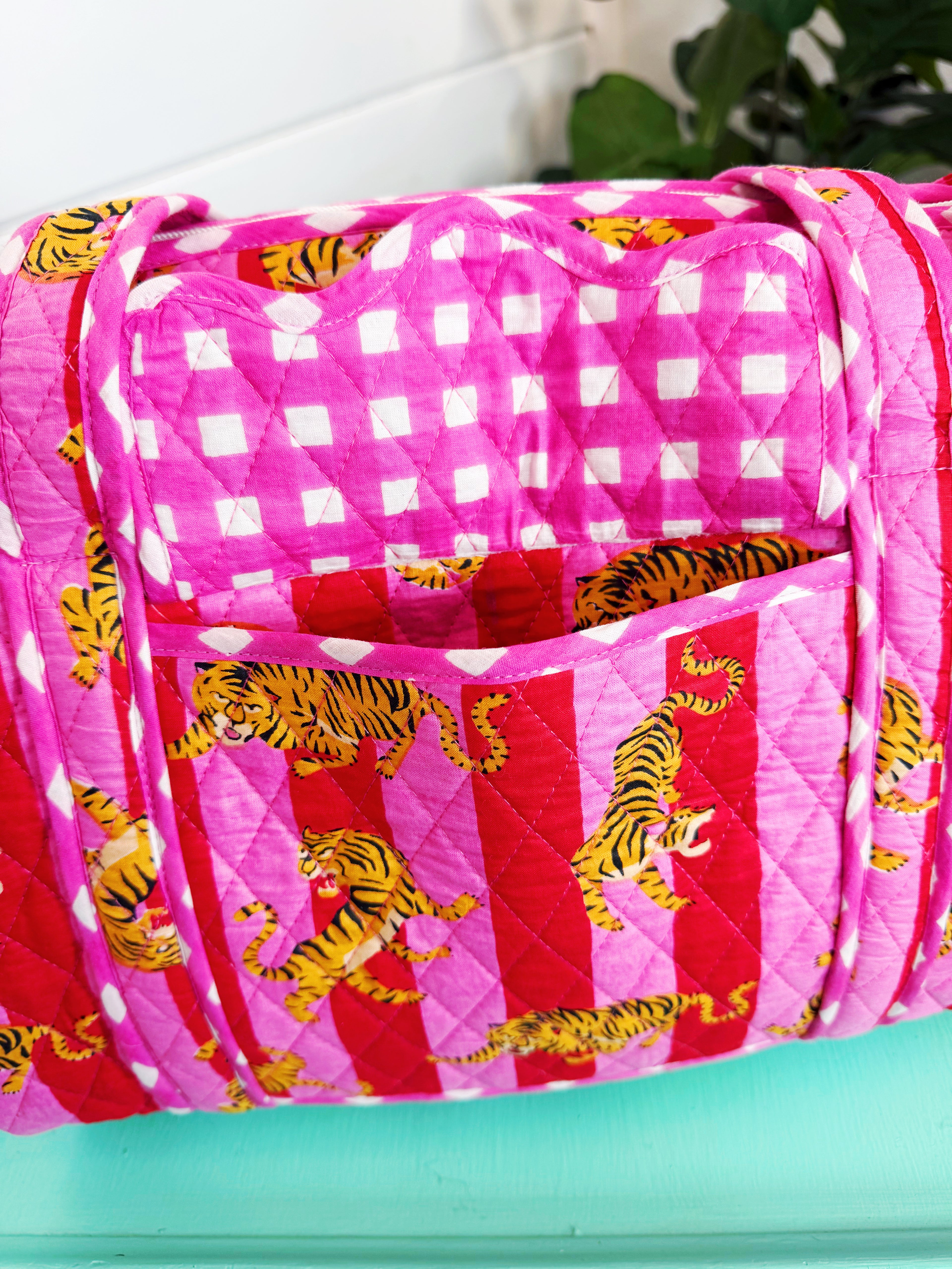 Quilted Mini Duffle Bag - Pink Red Tiger Print