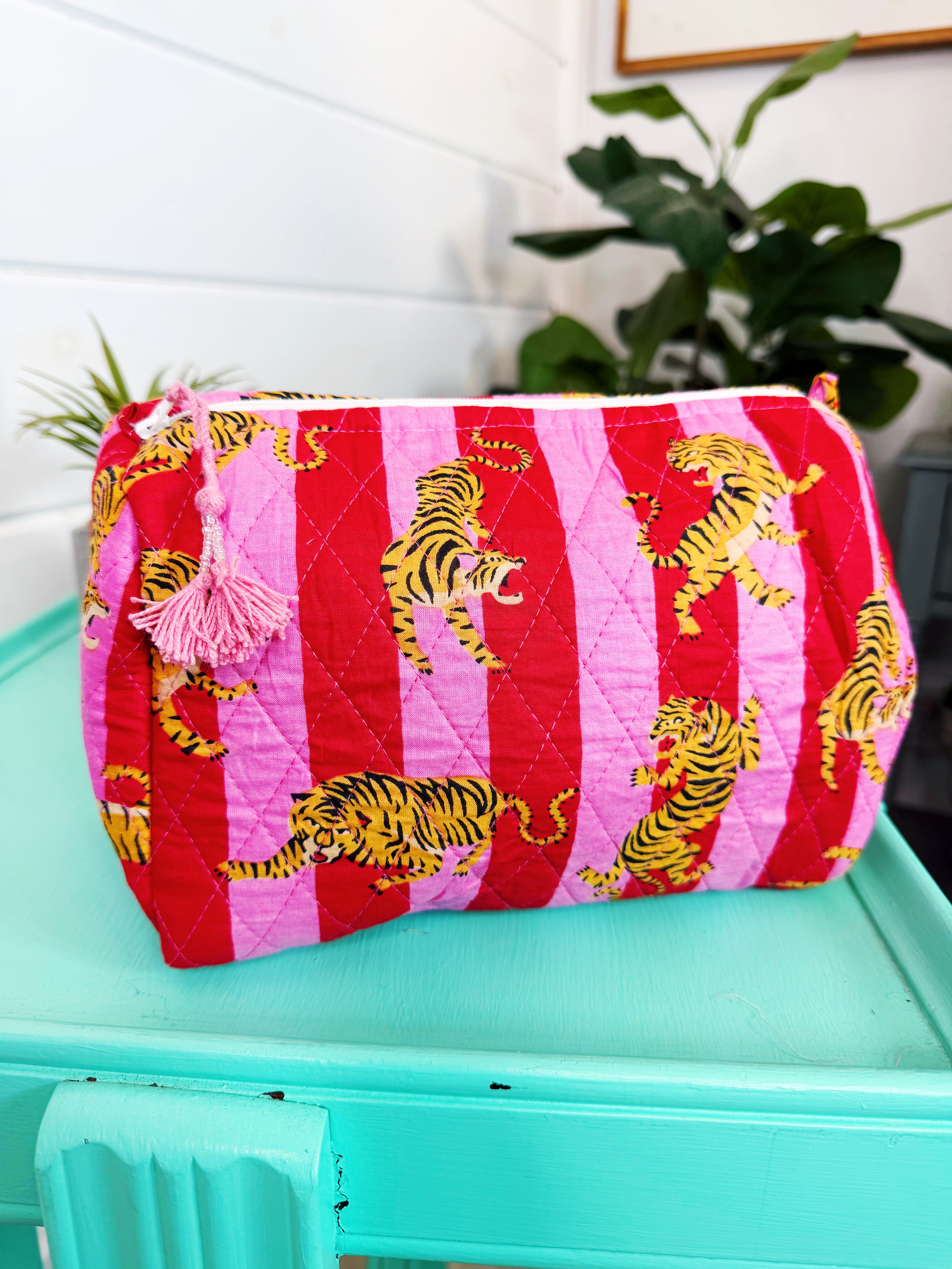 Quilted Makeup Cosmetics Toiletry Bag - Pink Red Tiger Print