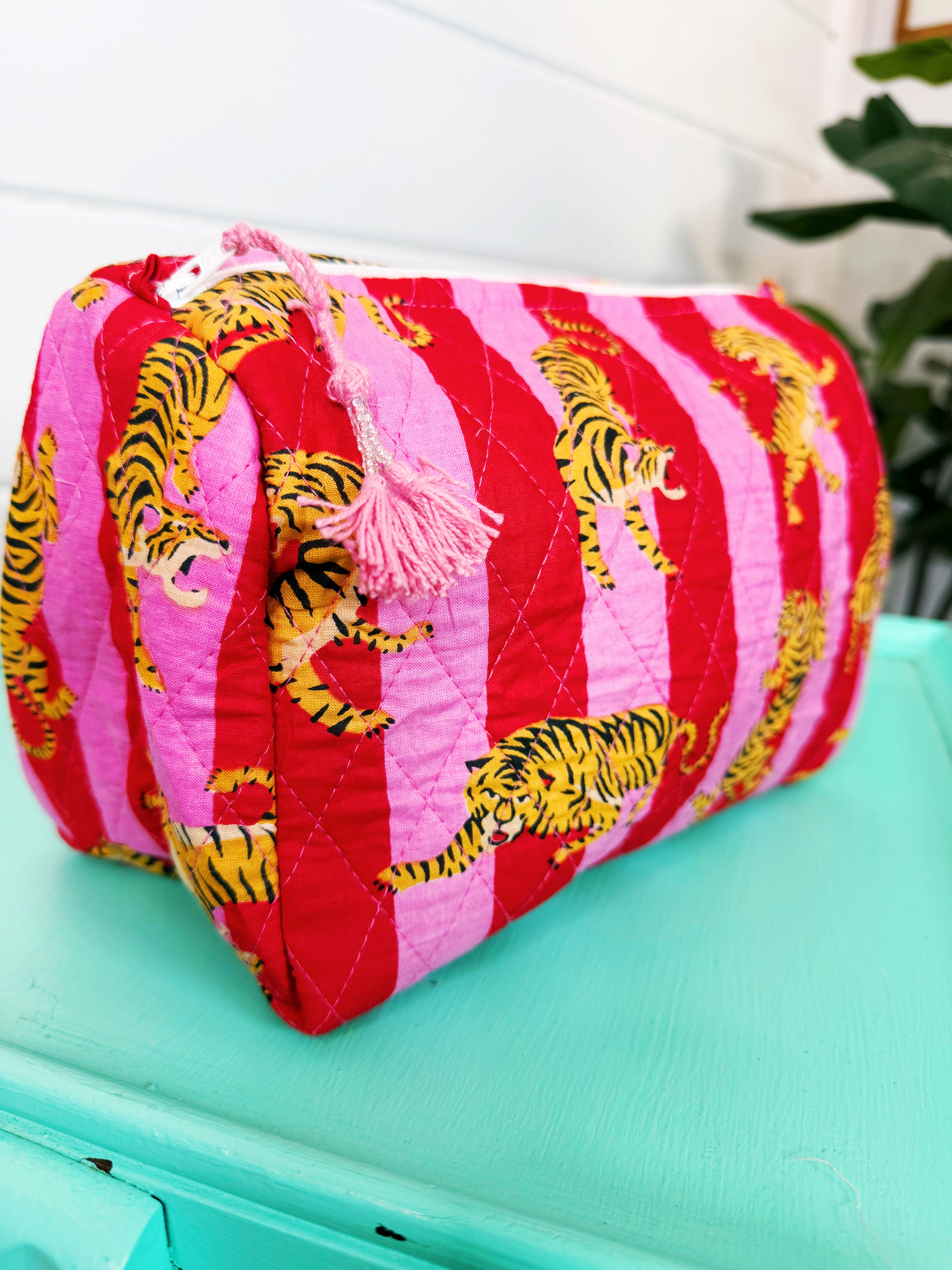 Quilted Makeup Cosmetics Toiletry Bag - Pink Red Tiger Print