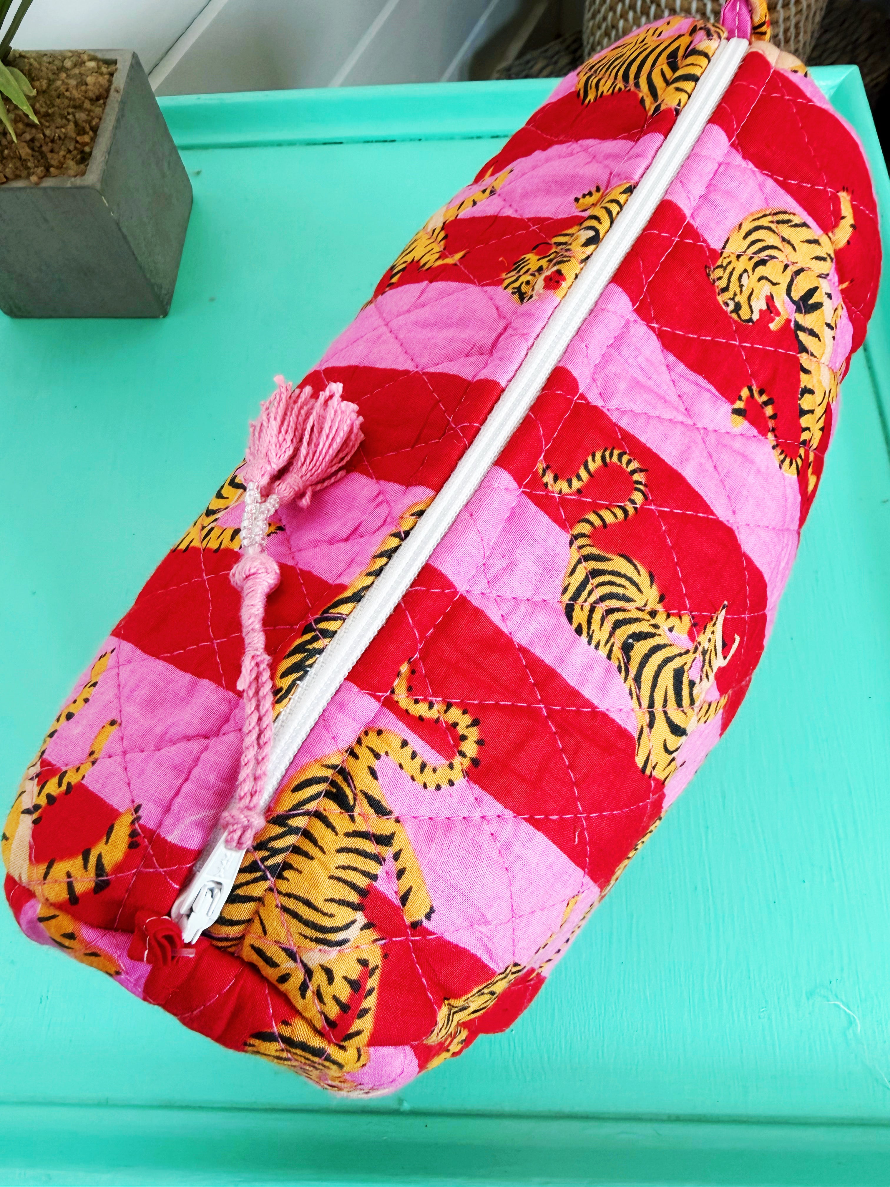 Quilted Makeup Cosmetics Toiletry Bag - Pink Red Tiger Print