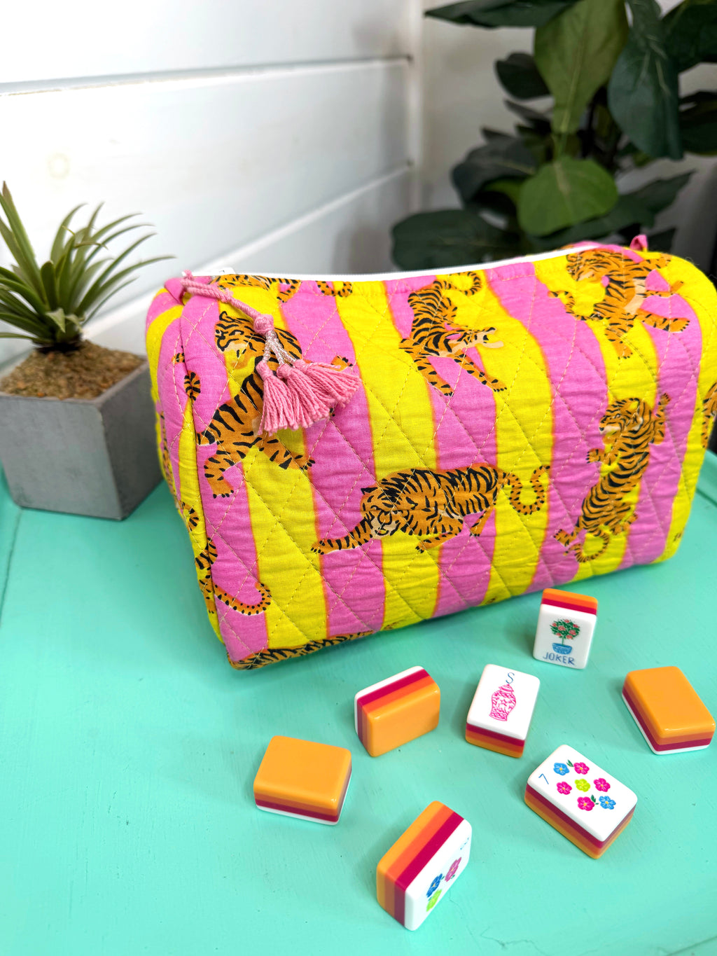 Quilted Makeup Cosmetics Toiletry Bag - Lemonade Tiger Print