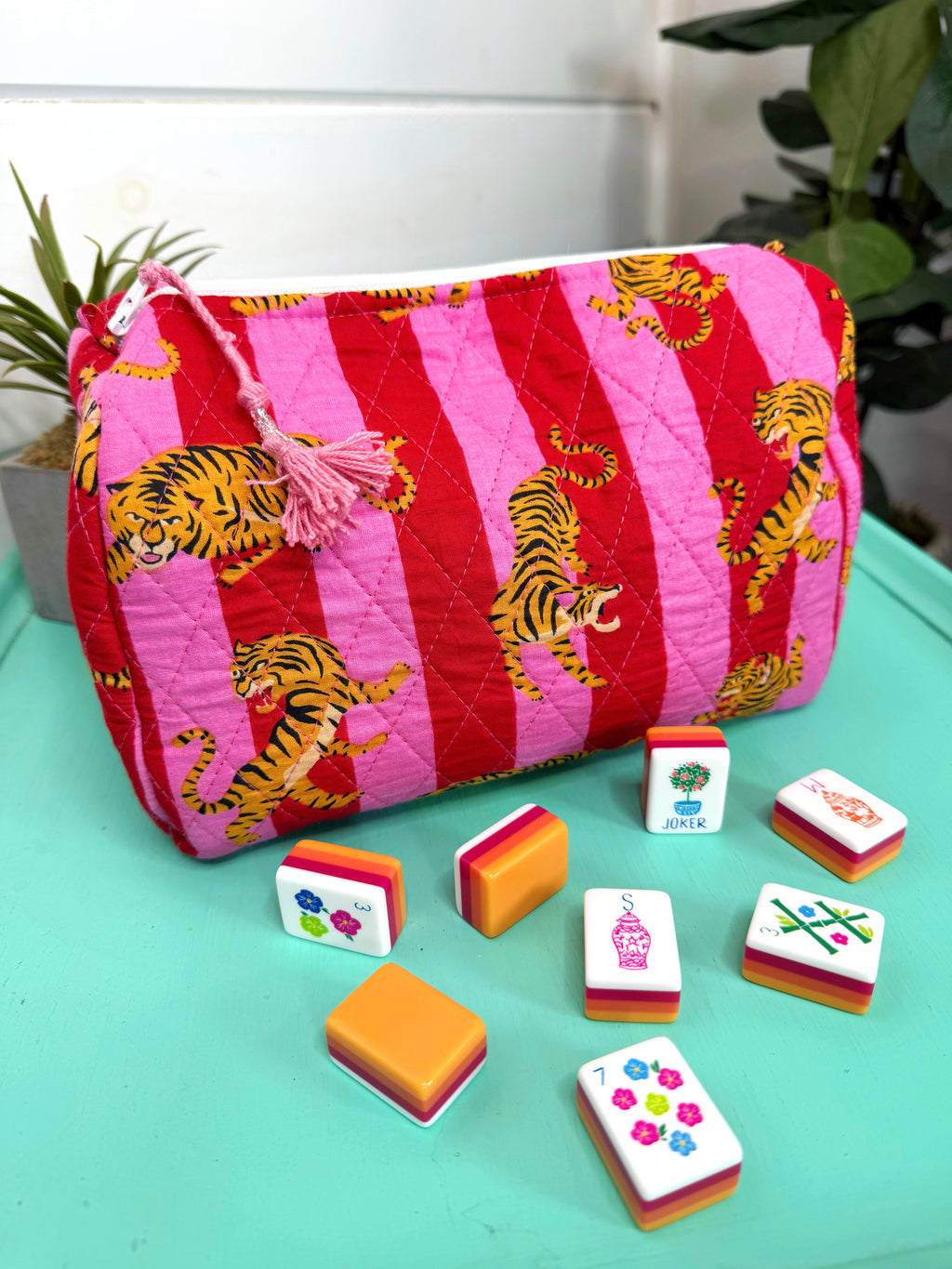Quilted Makeup Cosmetics Toiletry Bag - Pink Red Tiger Print