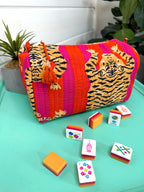 Quilted Makeup Cosmetics Toiletry Bag - Orange and Pink Tiger Stripes