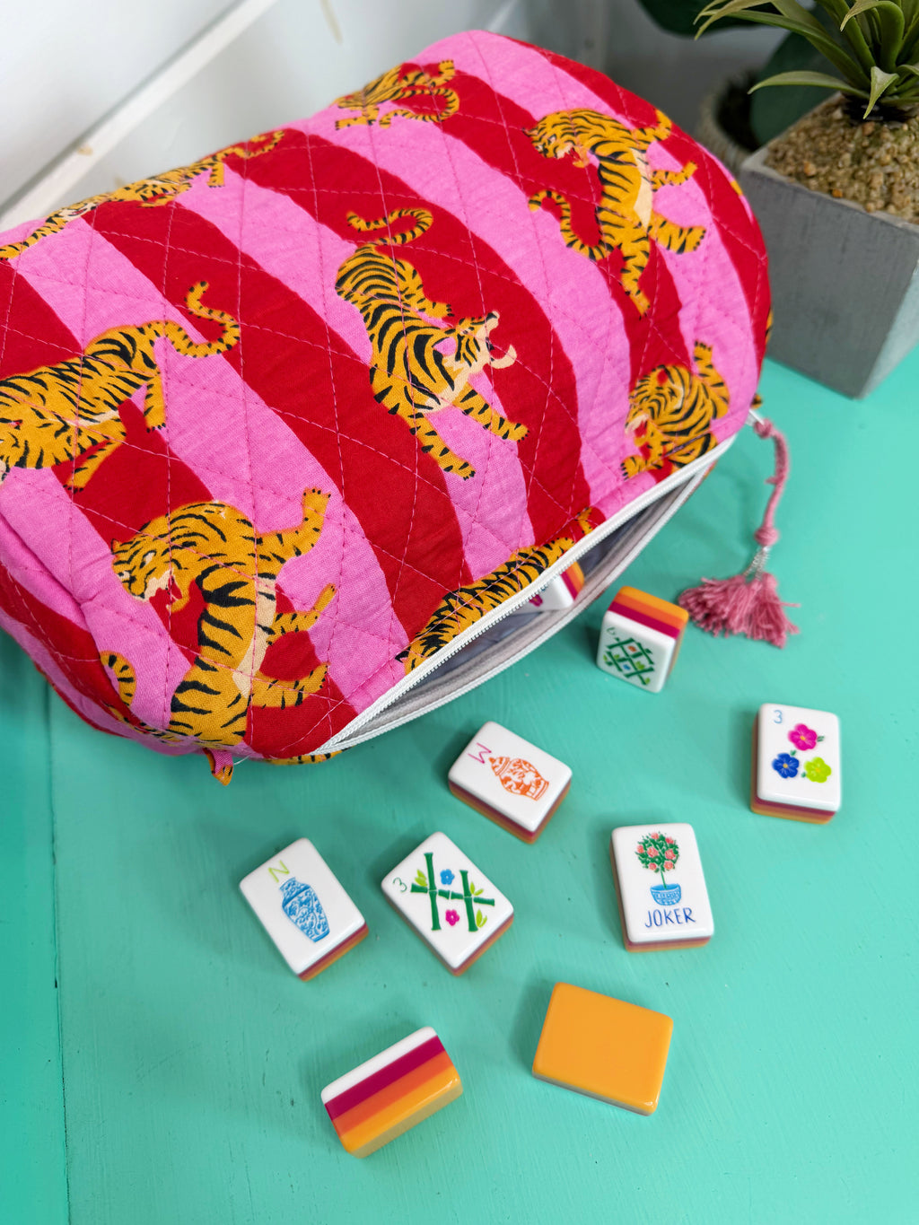 Quilted Makeup Cosmetics Toiletry Bag - Pink Red Tiger Print