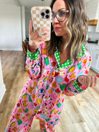 Women's Cotton Pajama Set - Pink Lucky Vibes Print