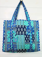 Quilted Large Tote Bag - Blue Aqua Bandana Print