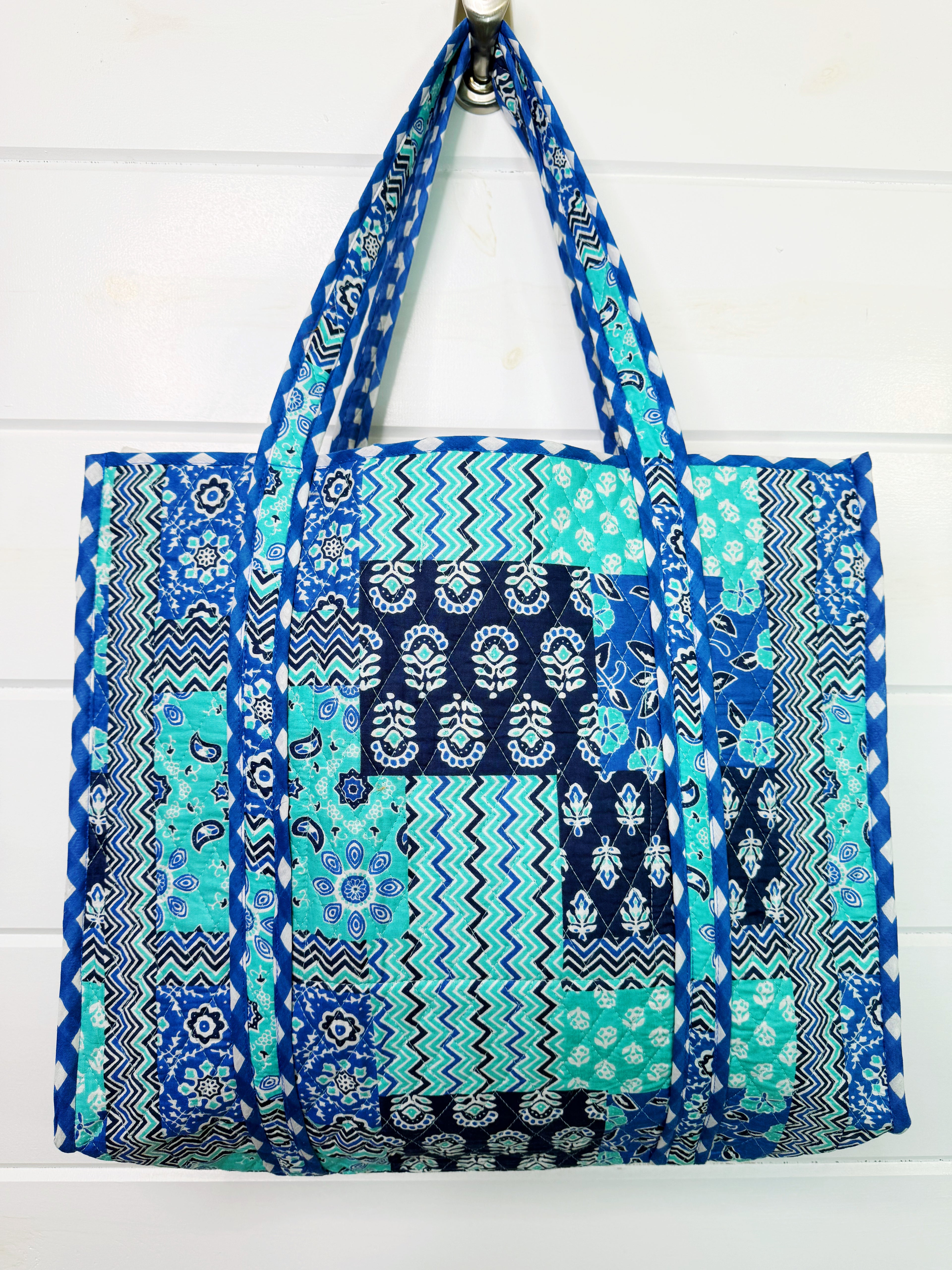 Quilted Large Tote Bag - Blue Aqua Patchwork Print