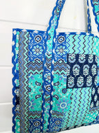 Quilted Large Tote Bag - Blue Aqua Bandana Print