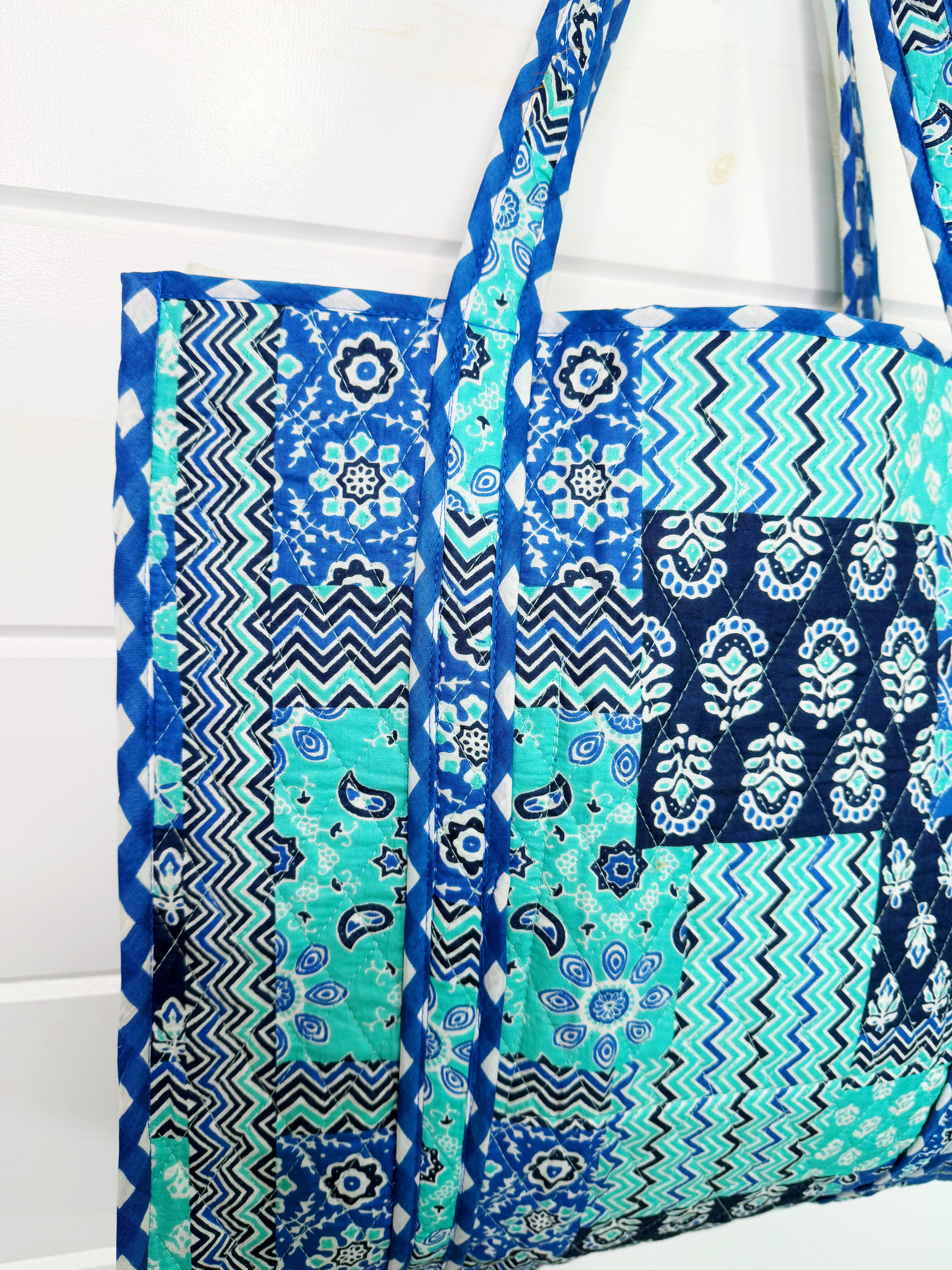 Quilted Large Tote Bag - Blue Aqua Patchwork Print