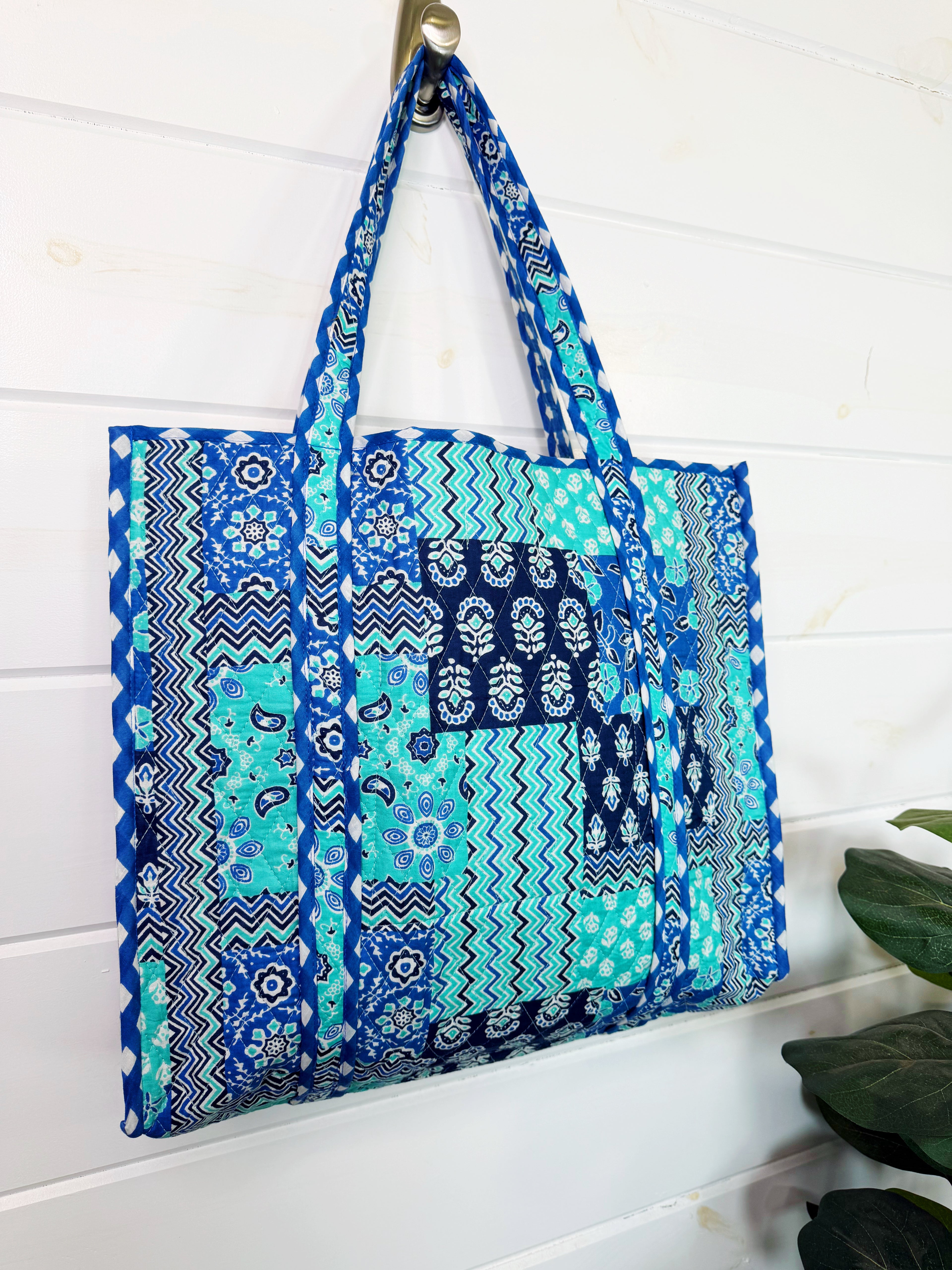 Quilted Large Tote Bag - Blue Aqua Patchwork Print