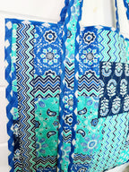 Quilted Large Tote Bag - Blue Aqua Bandana Print