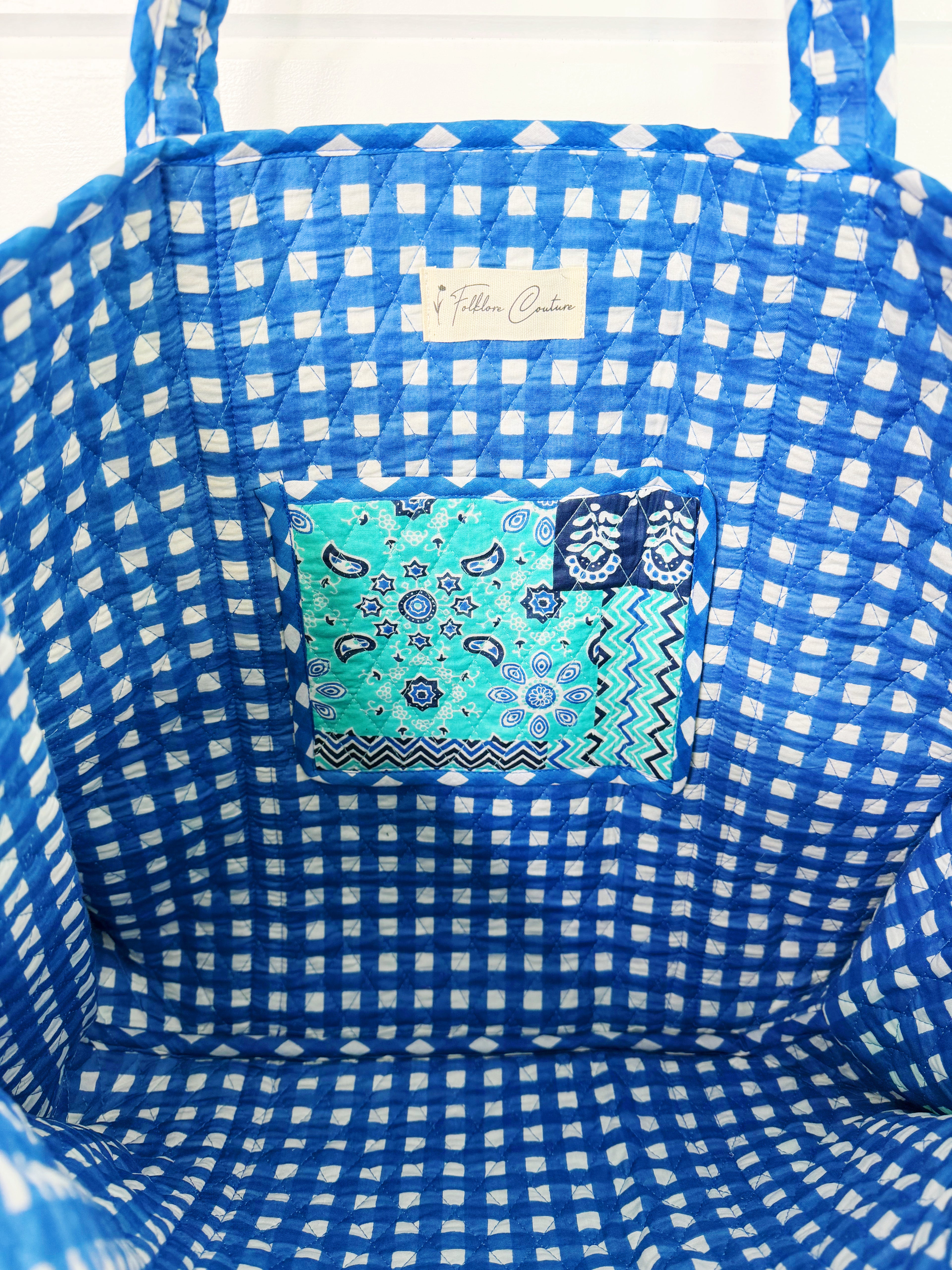 Quilted Large Tote Bag - Blue Aqua Patchwork Print