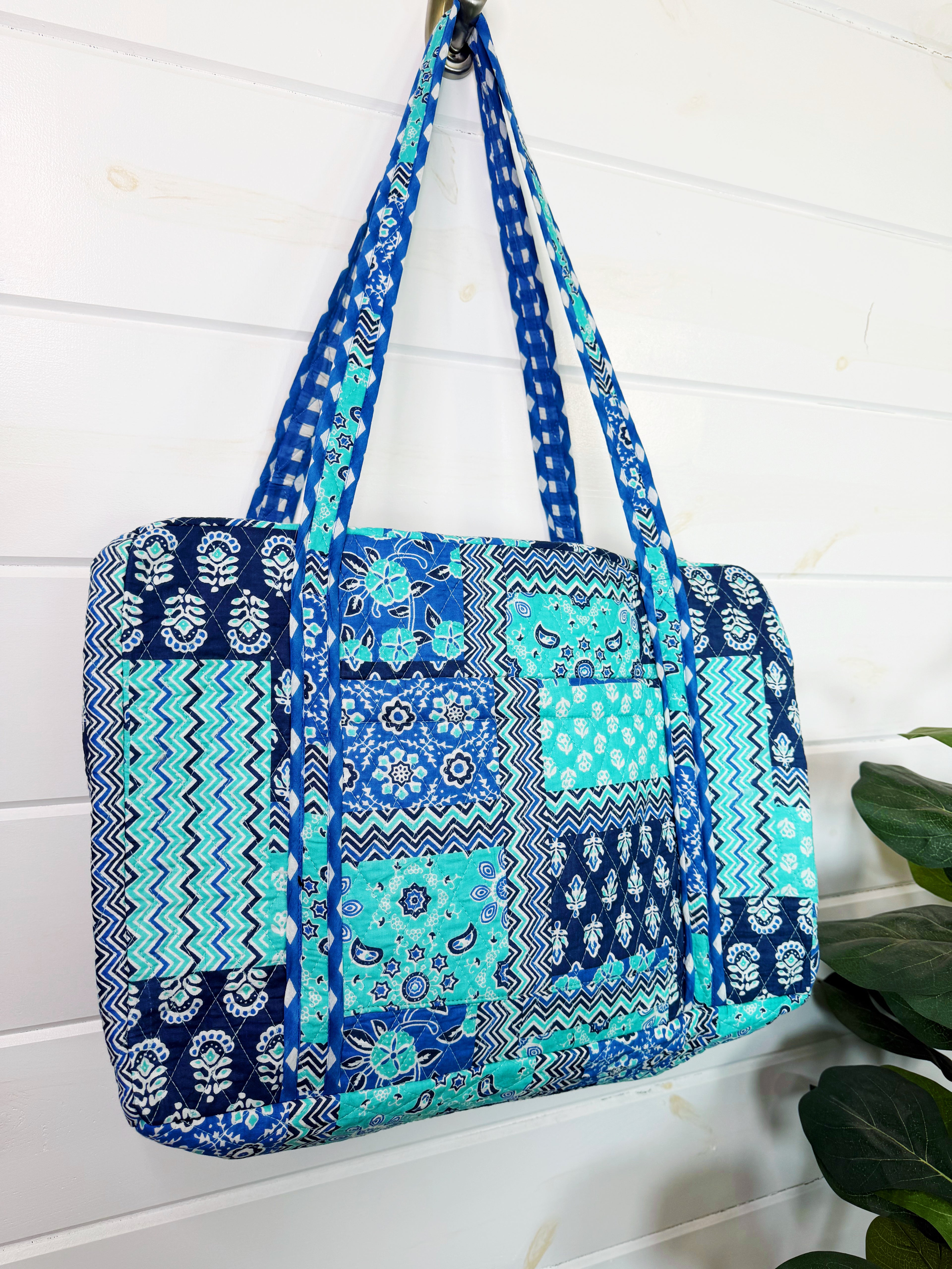 Quilted Weekender Overnight Bag - Blue Aqua Patchwork Print