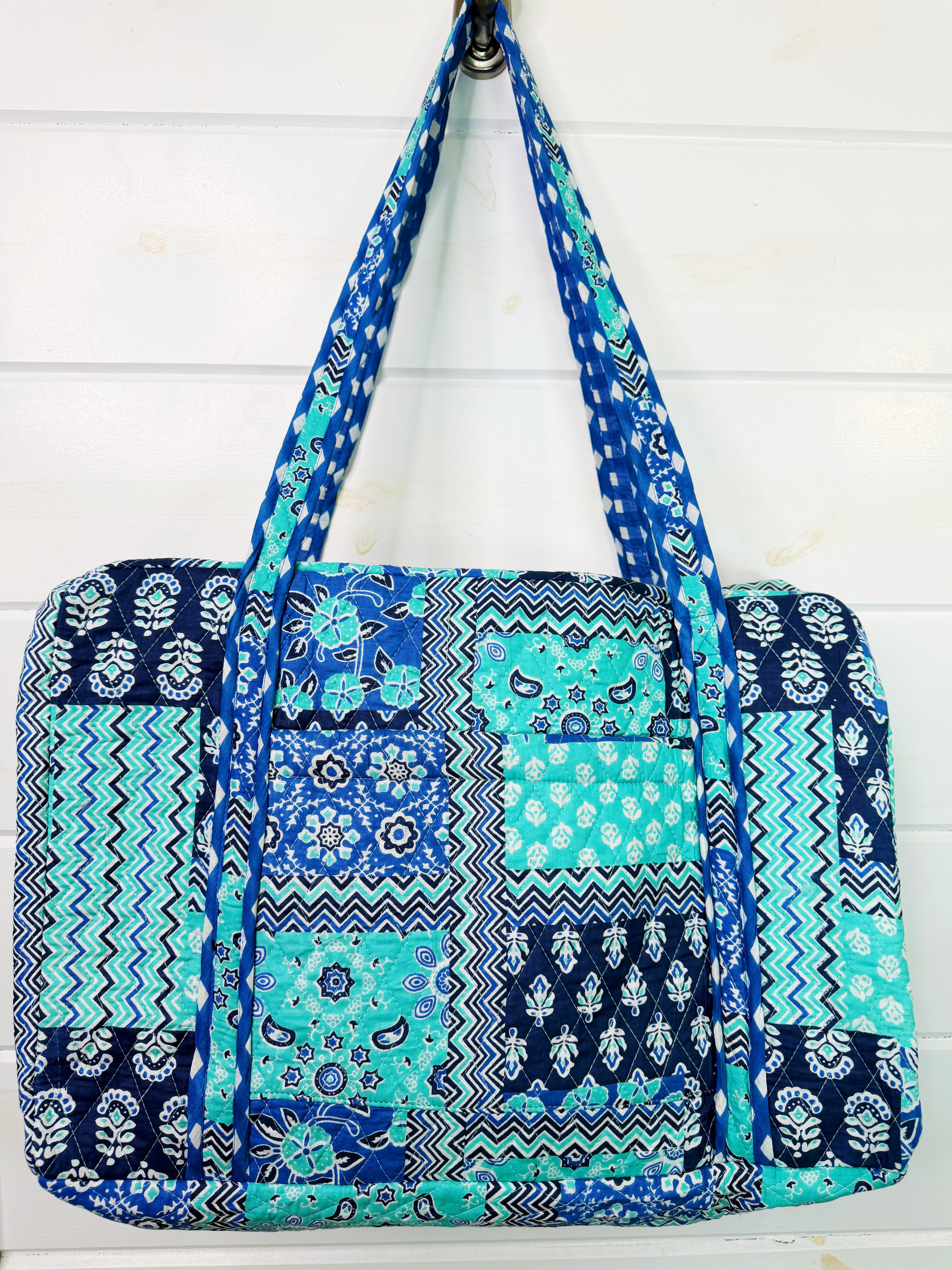 Quilted Weekender Overnight Bag - Blue Aqua Patchwork Print