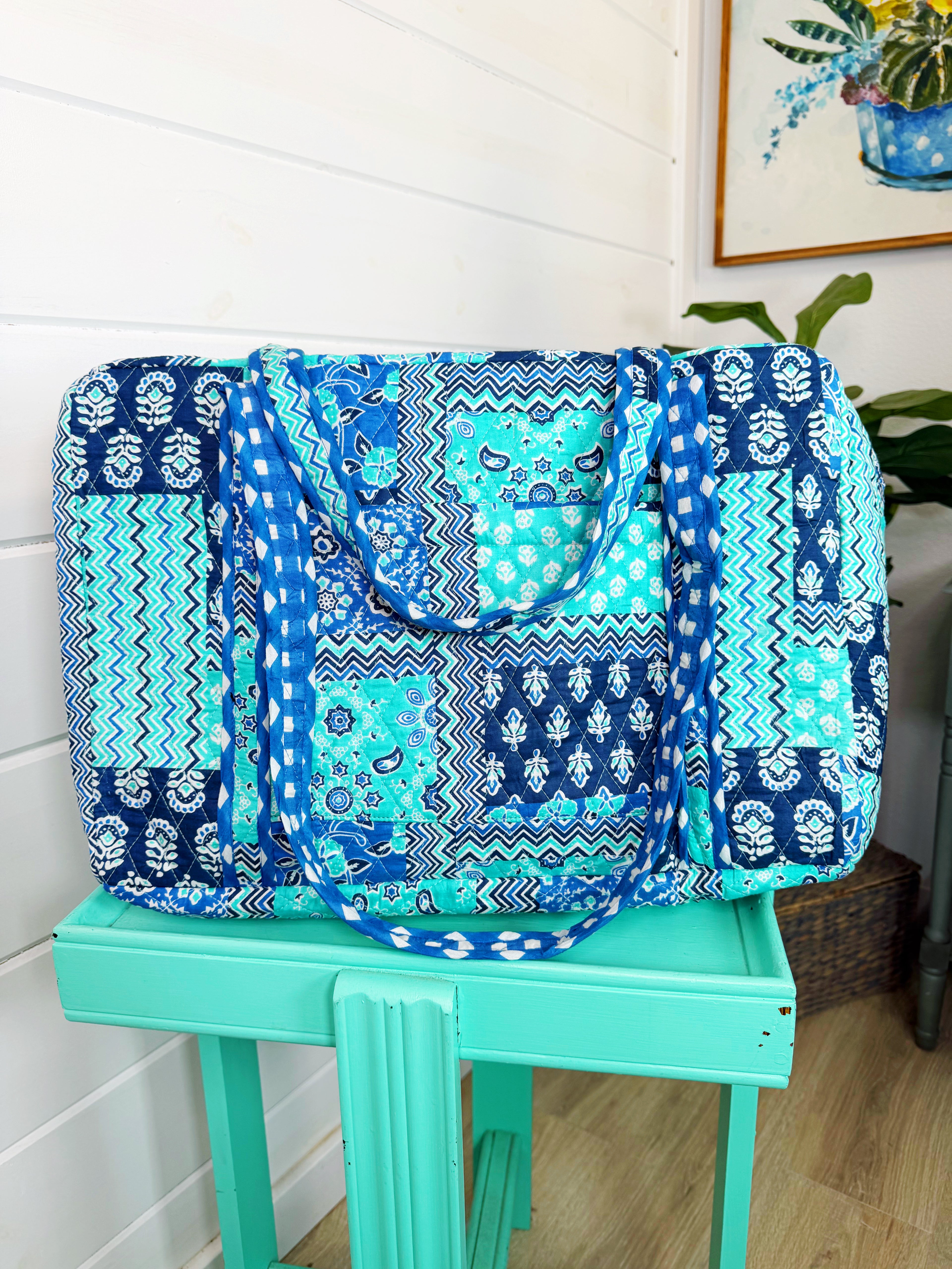 Quilted Weekender Overnight Bag - Blue Aqua Patchwork Print