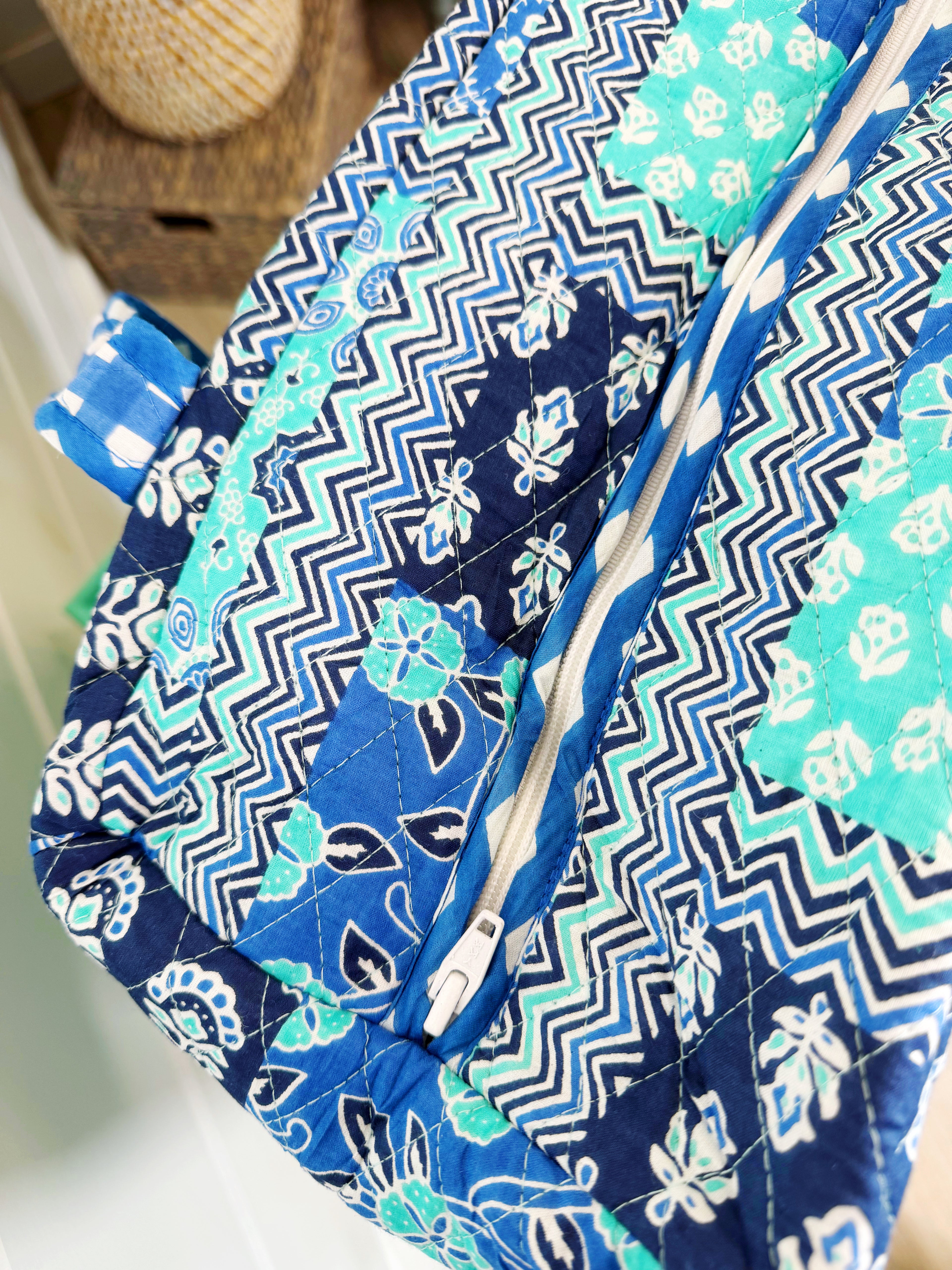 Quilted Weekender Overnight Bag - Blue Aqua Patchwork Print