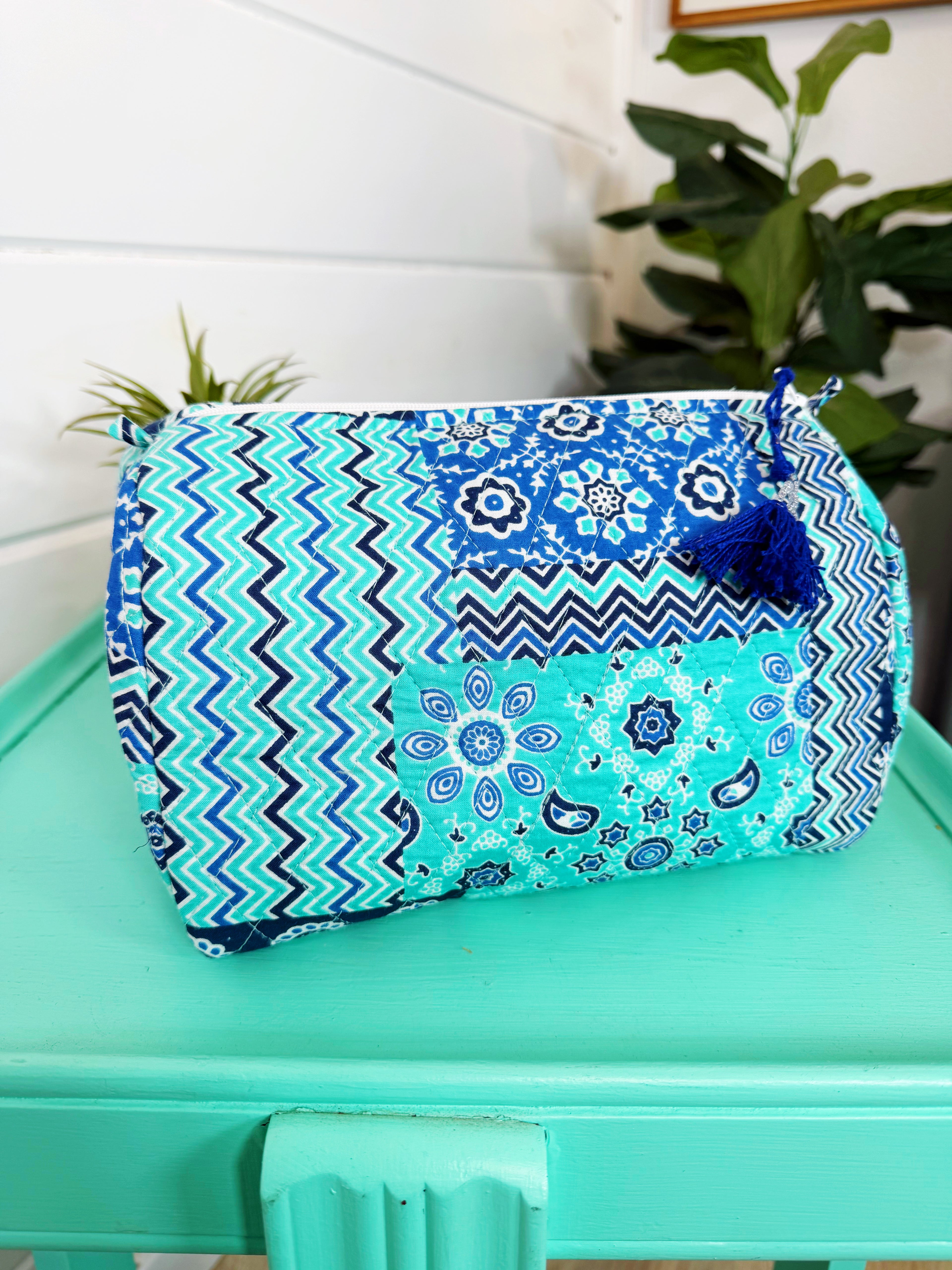 Quilted Cosmetics Toiletry Bag - Blue Aqua Patchwork Print