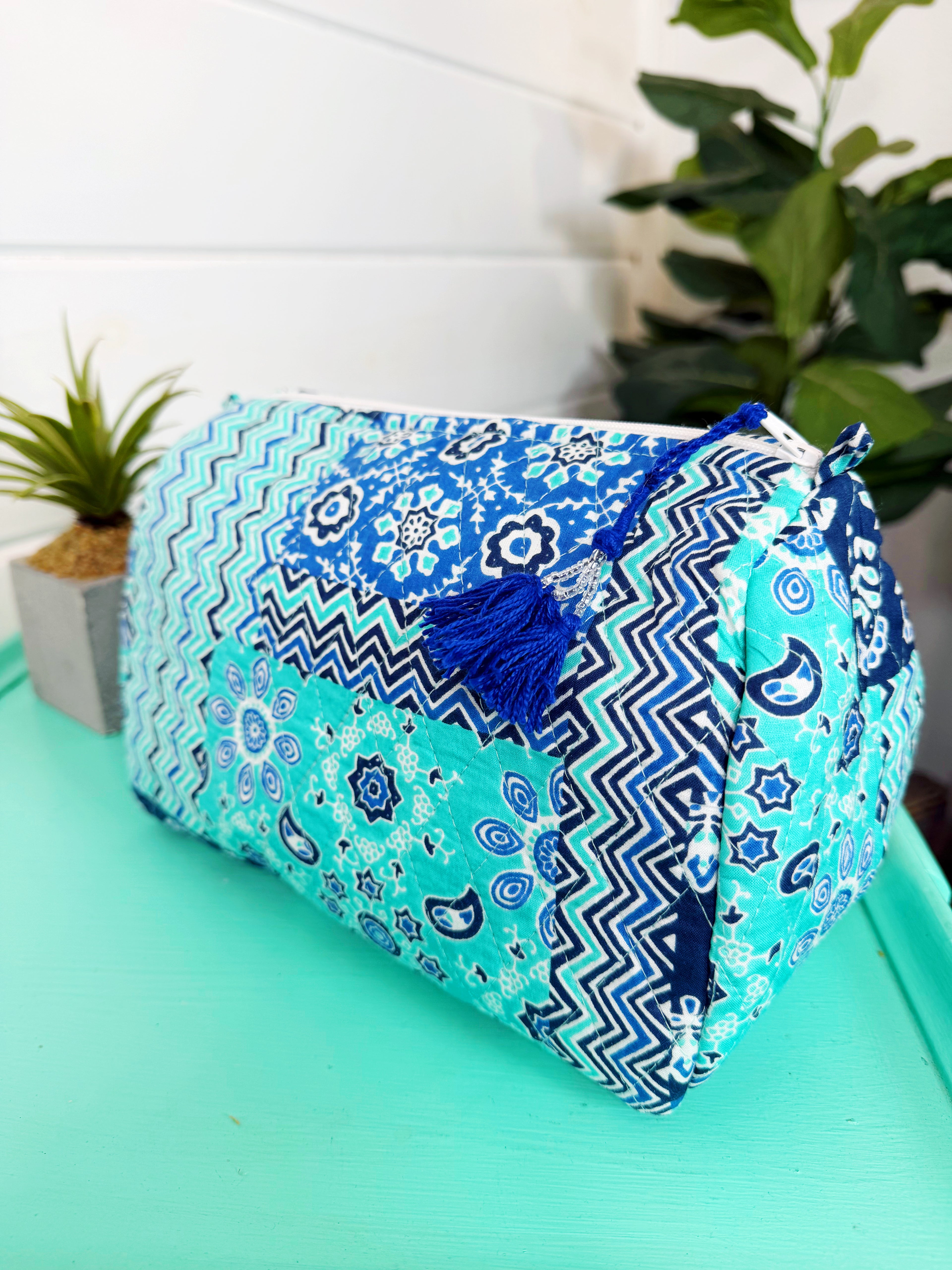 Quilted Cosmetics Toiletry Bag - Blue Aqua Patchwork Print