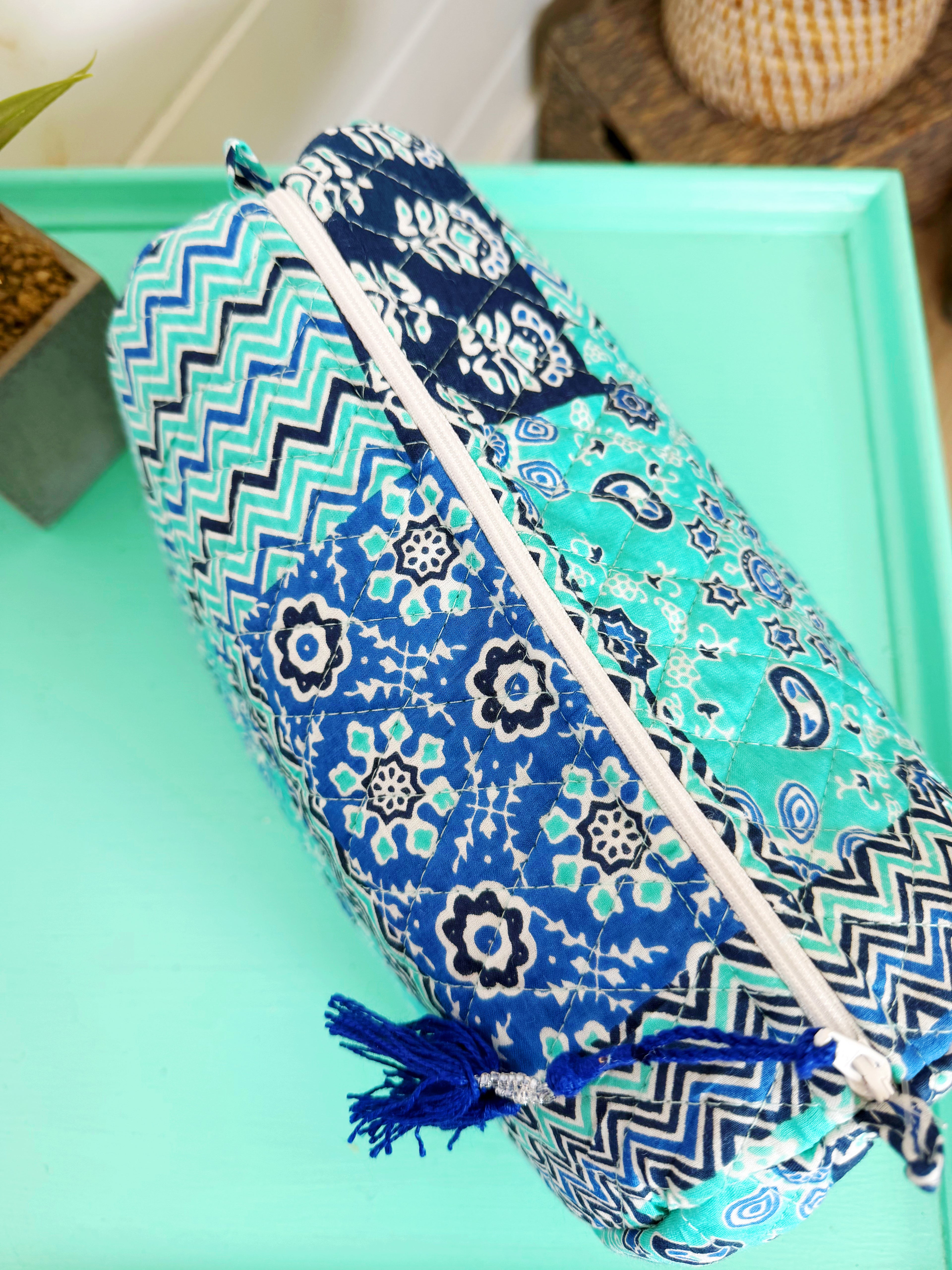 Quilted Cosmetics Toiletry Bag - Blue Aqua Patchwork Print