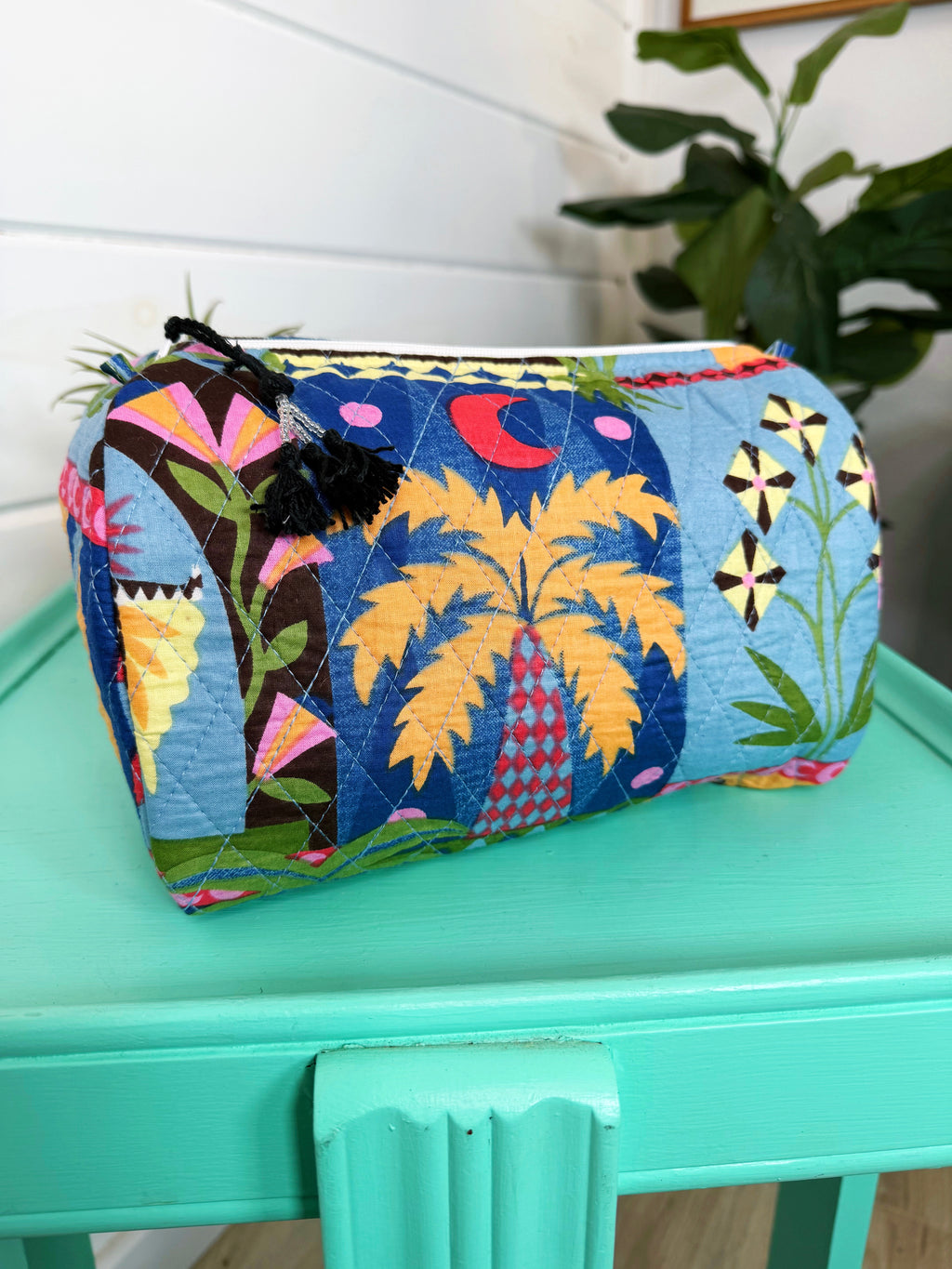 Quilted Makeup Cosmetics Toiletry Bag - Palm Cirque