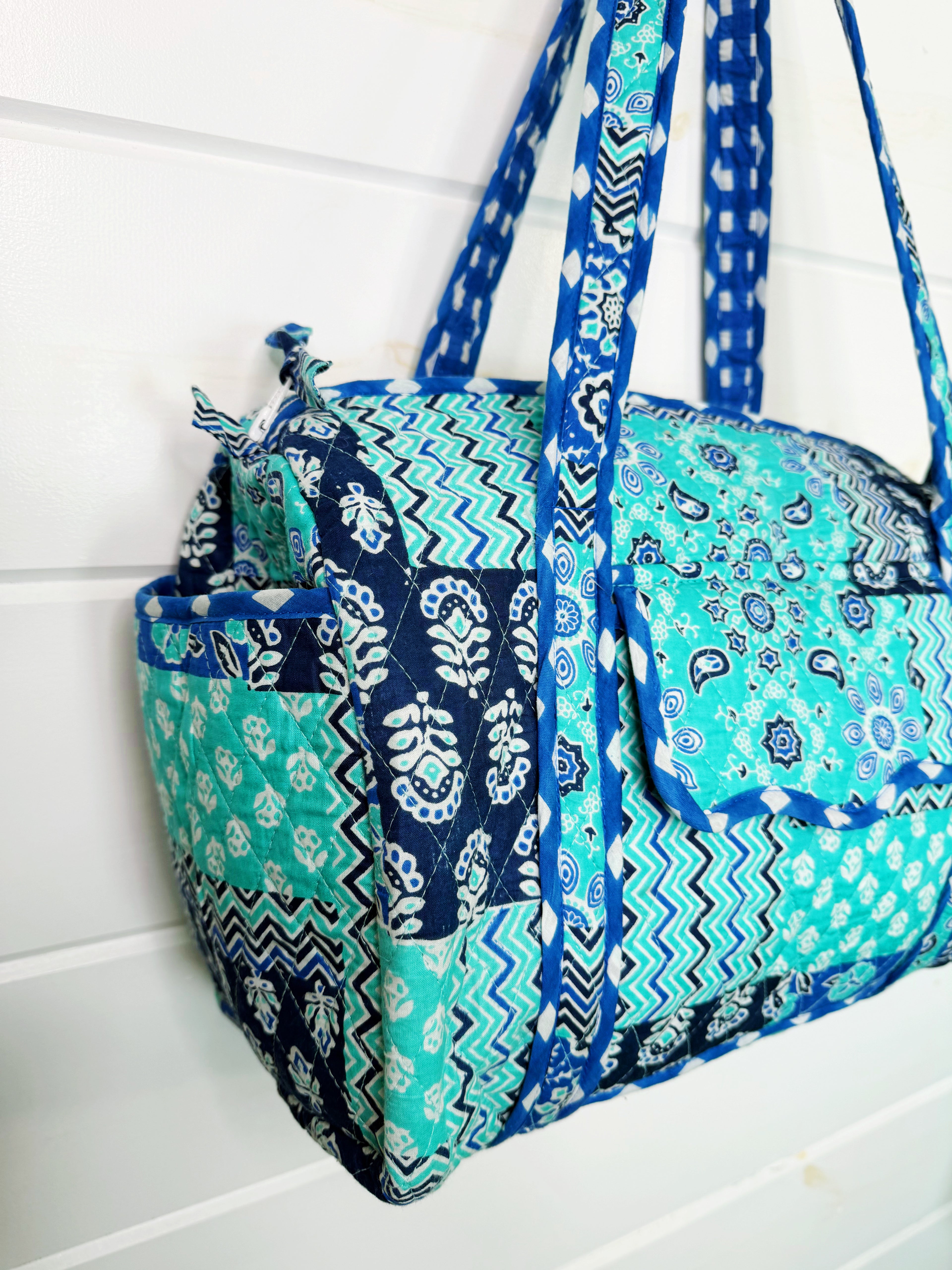 Quilted Mini Duffle Bag - Aqua and Blue Patchwork