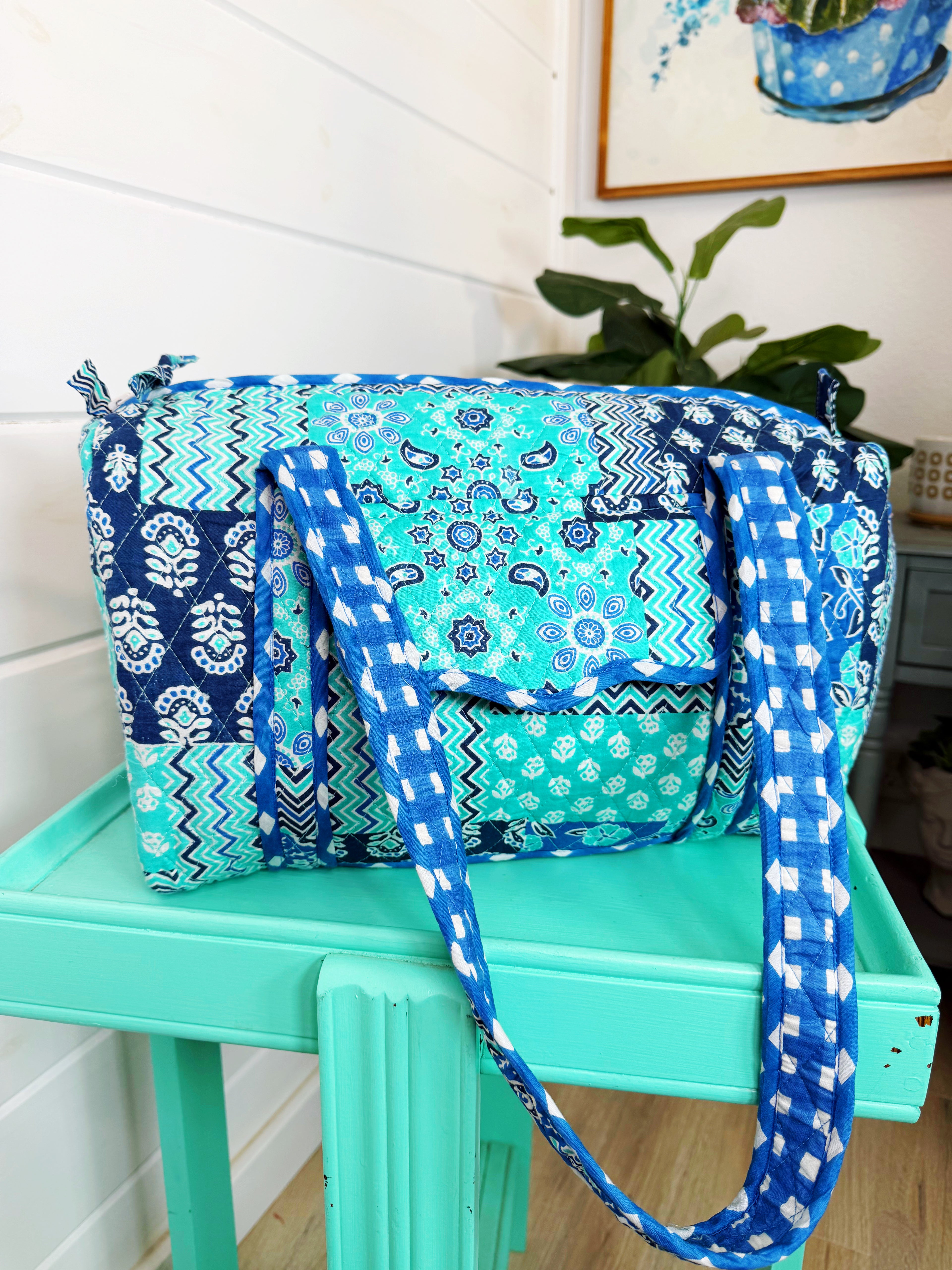 Quilted Mini Duffle Bag - Aqua and Blue Patchwork