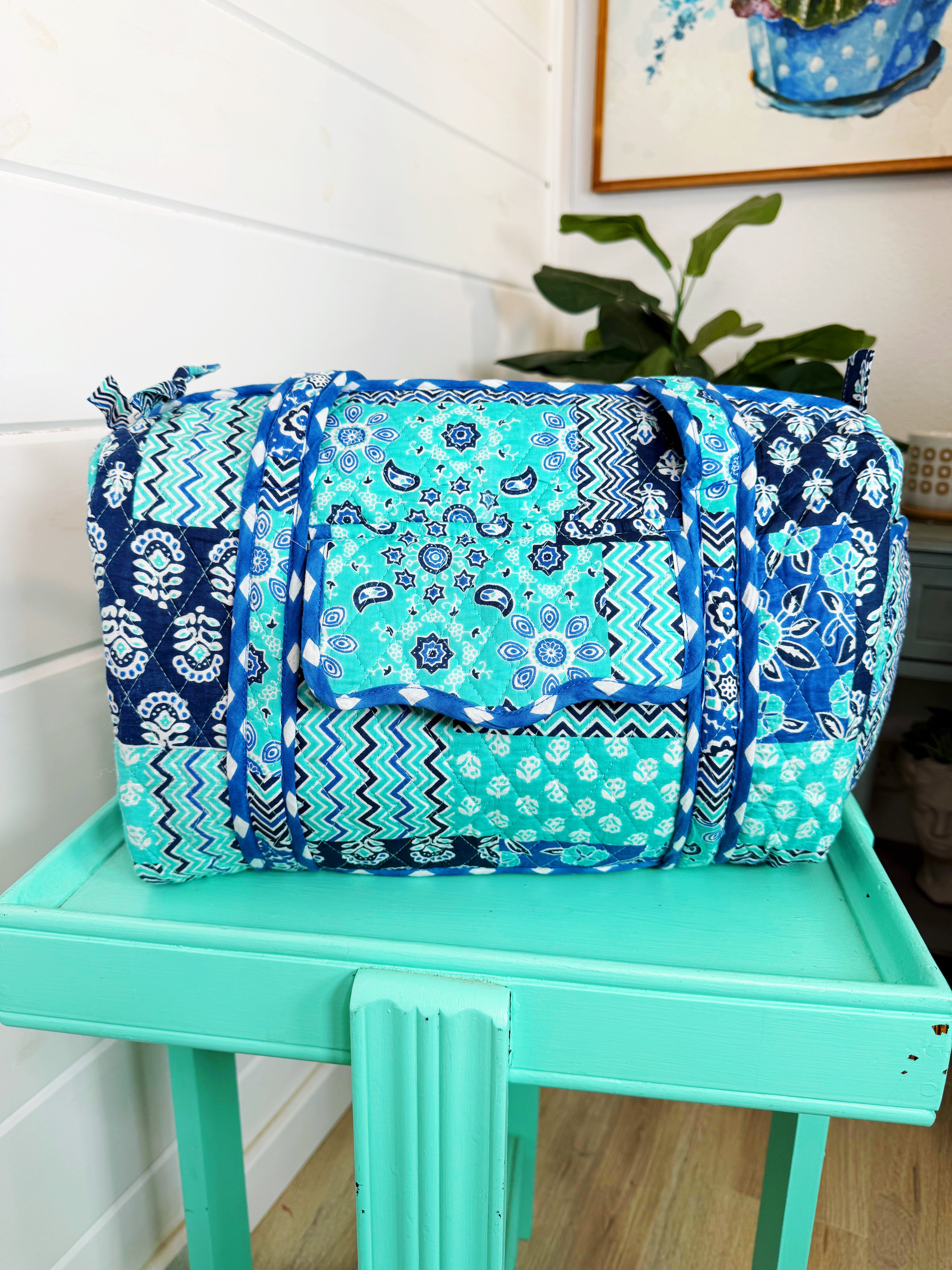 Quilted Mini Duffle Bag - Aqua and Blue Patchwork