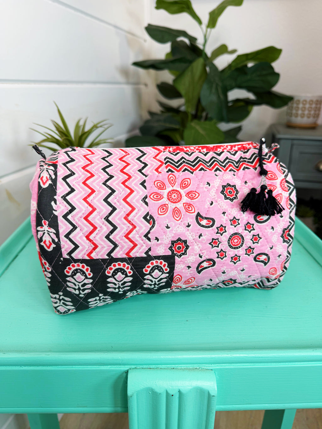 Quilted Cosmetics Toiletry Bag - Pink and Red Bandana Print