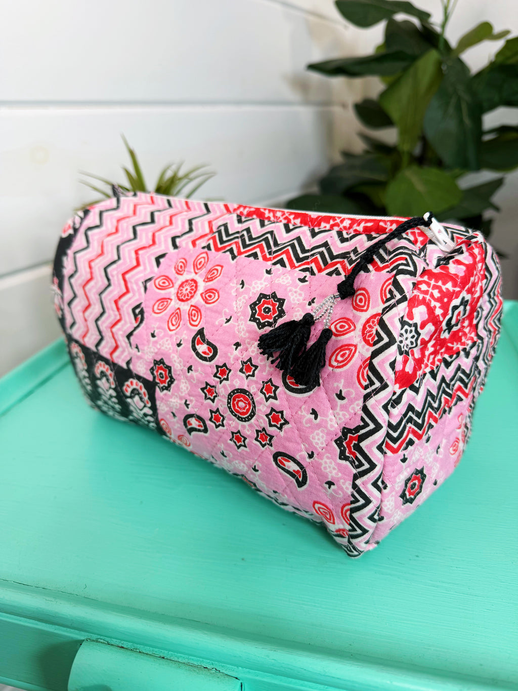 Quilted Cosmetics Toiletry Bag - Pink and Red Bandana Print