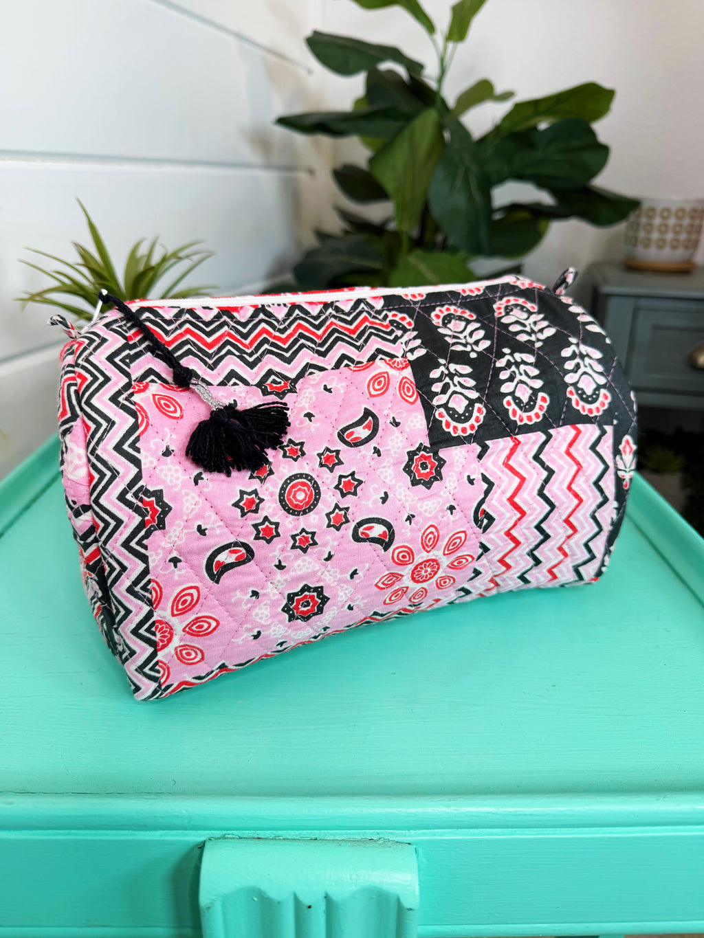 Quilted Cosmetics Toiletry Bag - Pink and Red Bandana Print