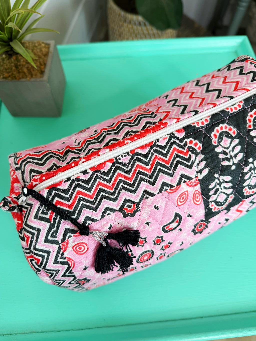 Quilted Cosmetics Toiletry Bag - Pink and Red Bandana Print