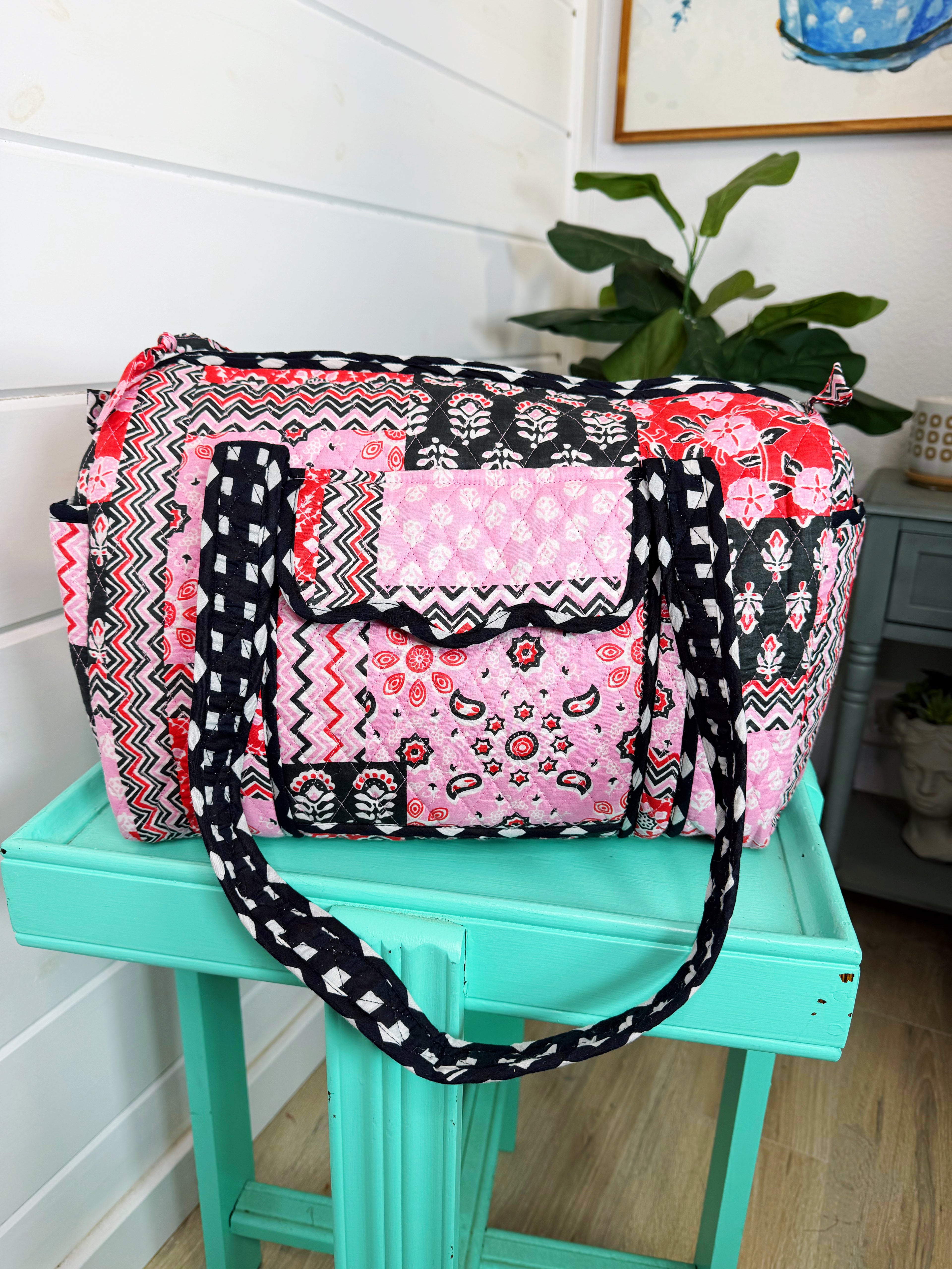 Quilted Mini Duffle Bag - Pink and Red Patchwork