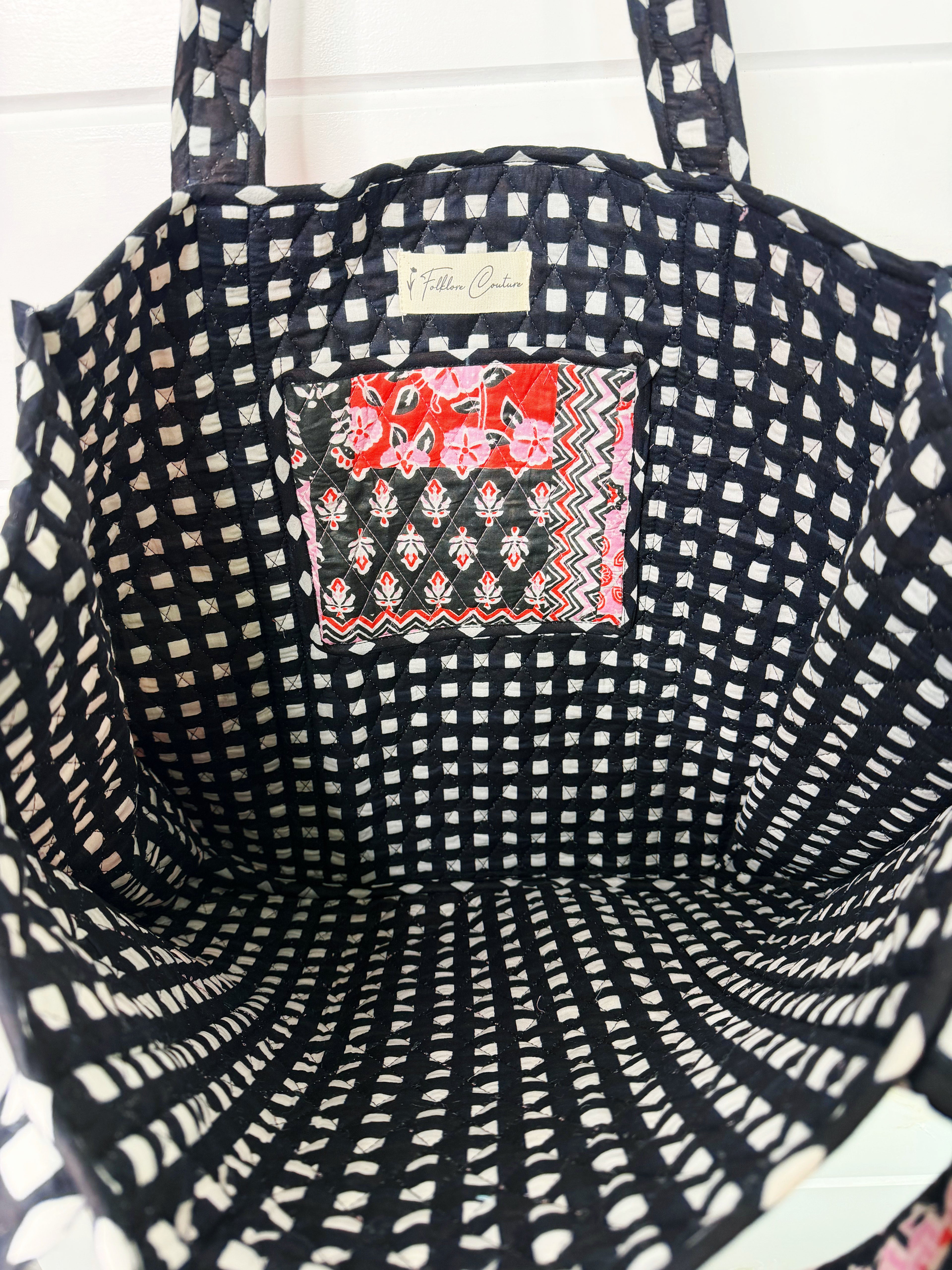 Quilted Large Tote Bag - Pink and Red Patchwork Print