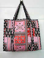 Quilted Large Tote Bag - Pink and Red Bandana Print
