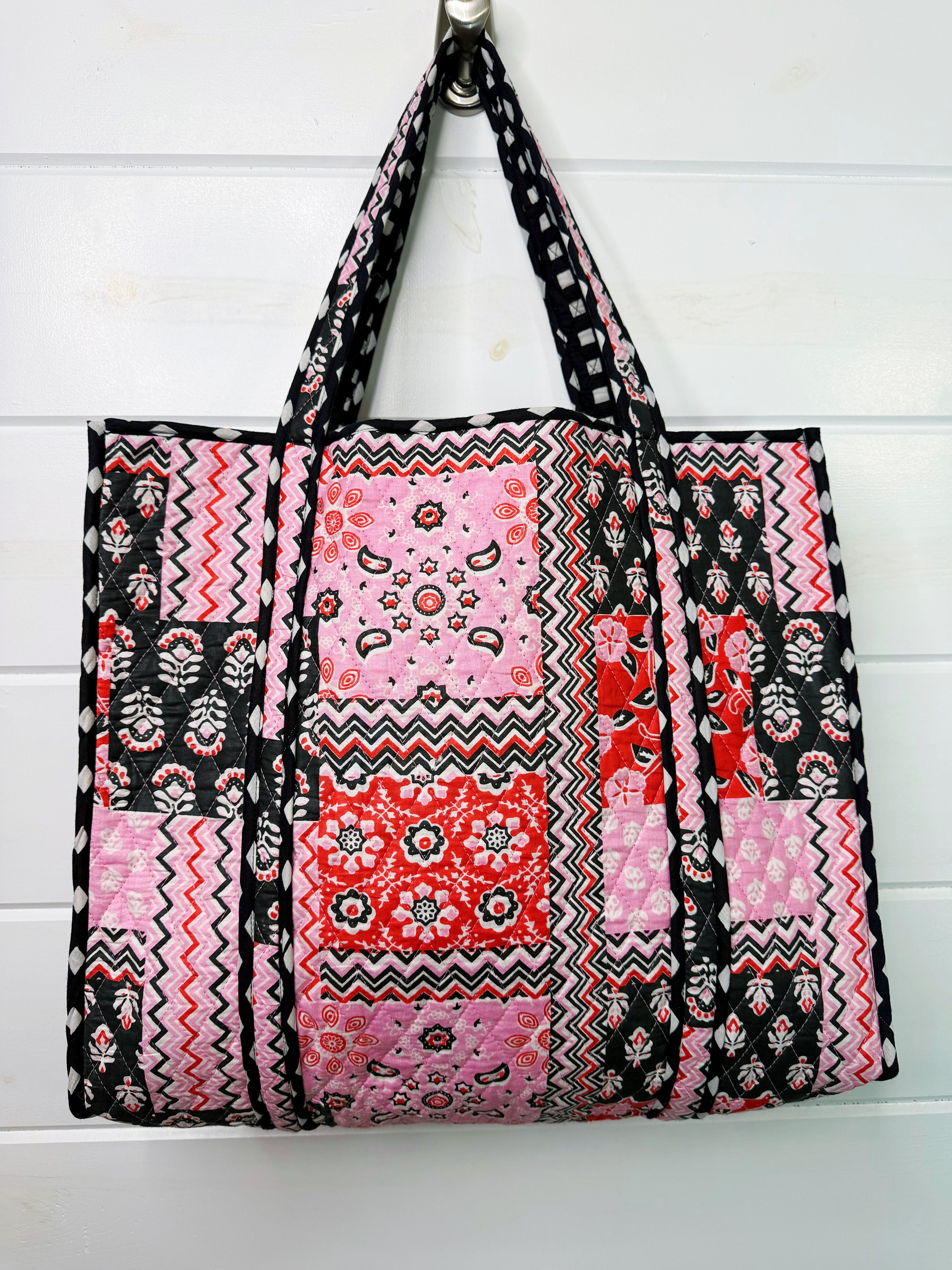 Quilted Large Tote Bag - Pink and Red Patchwork Print