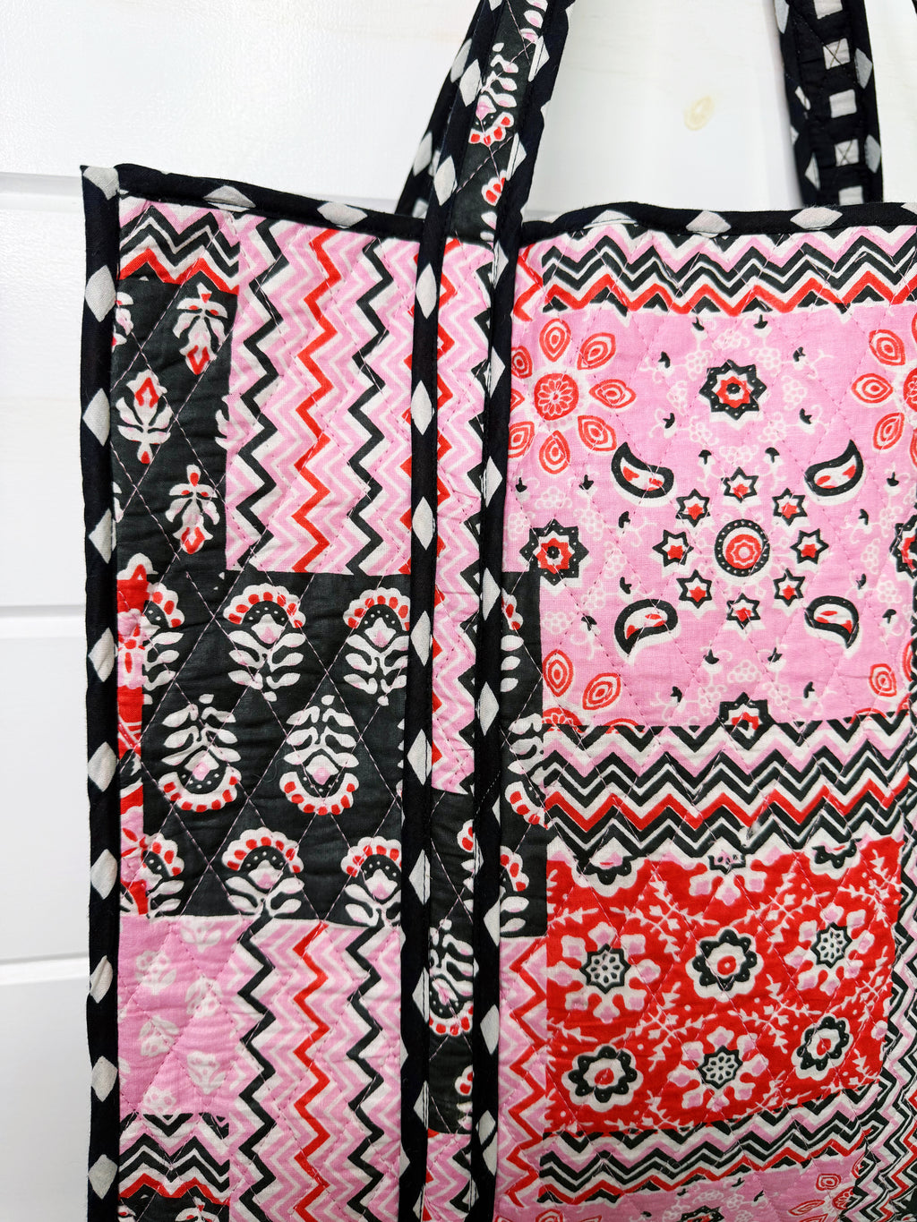 Quilted Large Tote Bag - Pink and Red Bandana Print