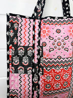 Quilted Large Tote Bag - Pink and Red Bandana Print