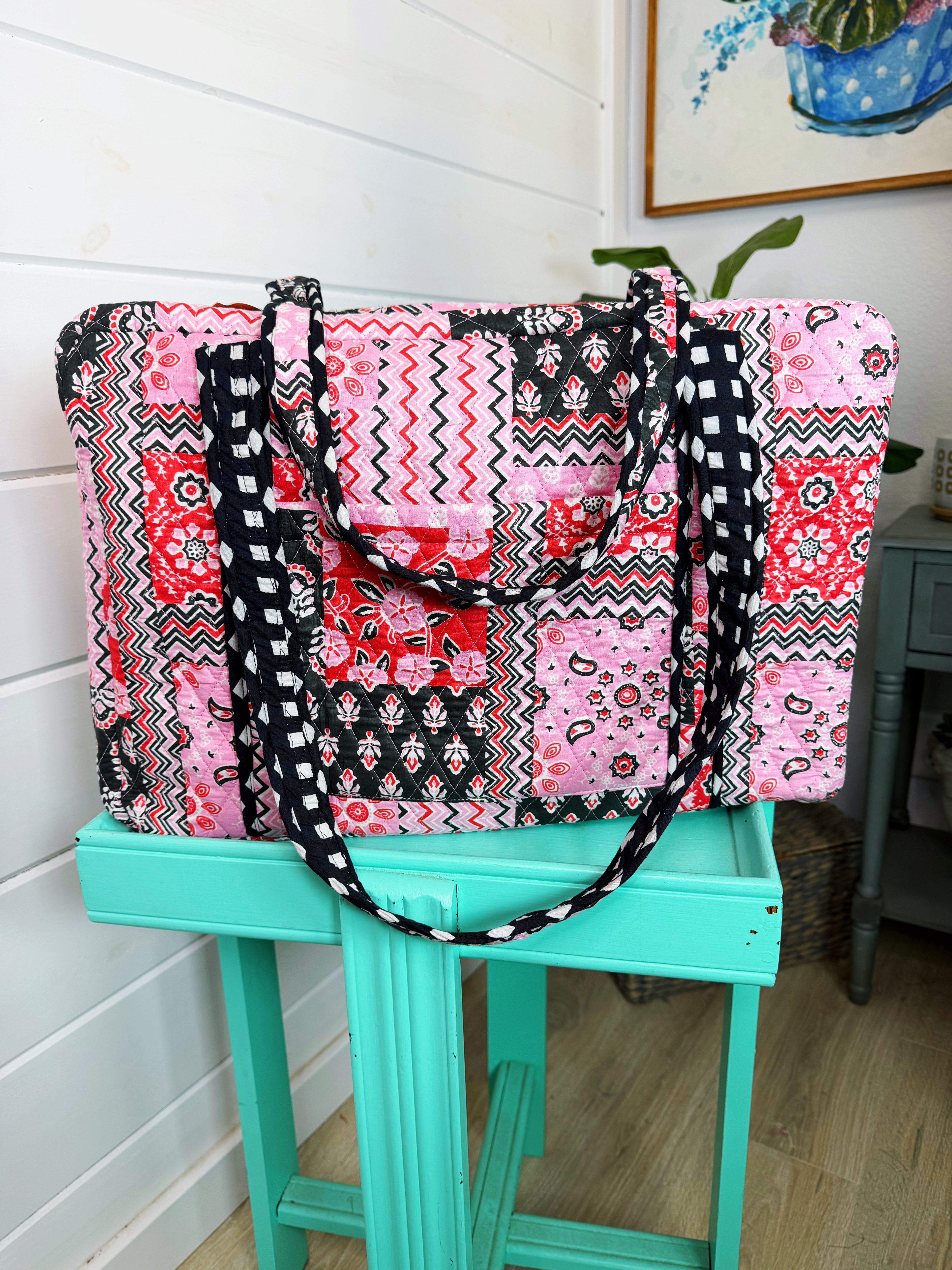 Quilted Weekender Overnight Bag - Pink and Red Patchwork Print