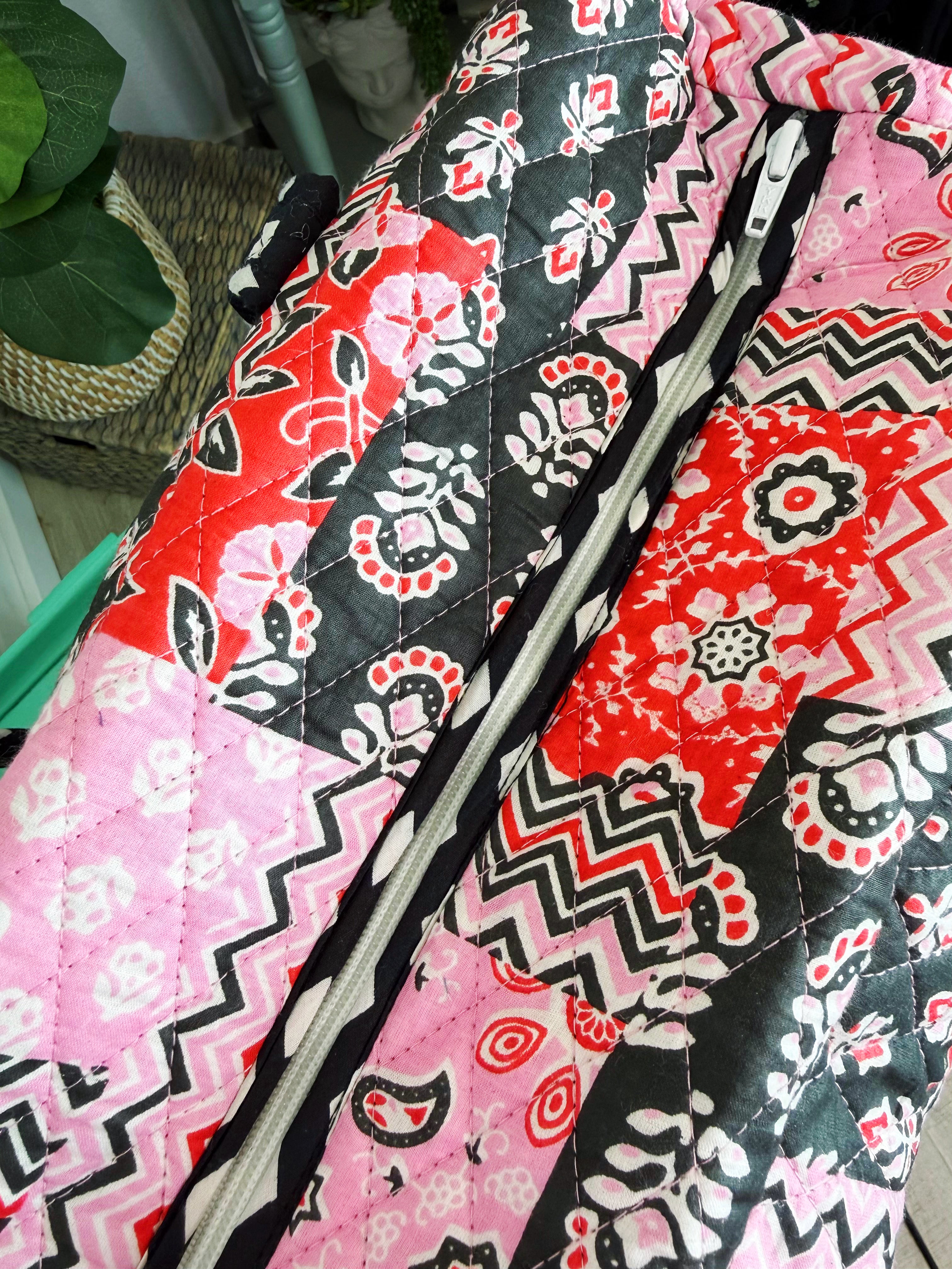 Quilted Weekender Overnight Bag - Pink and Red Patchwork Print