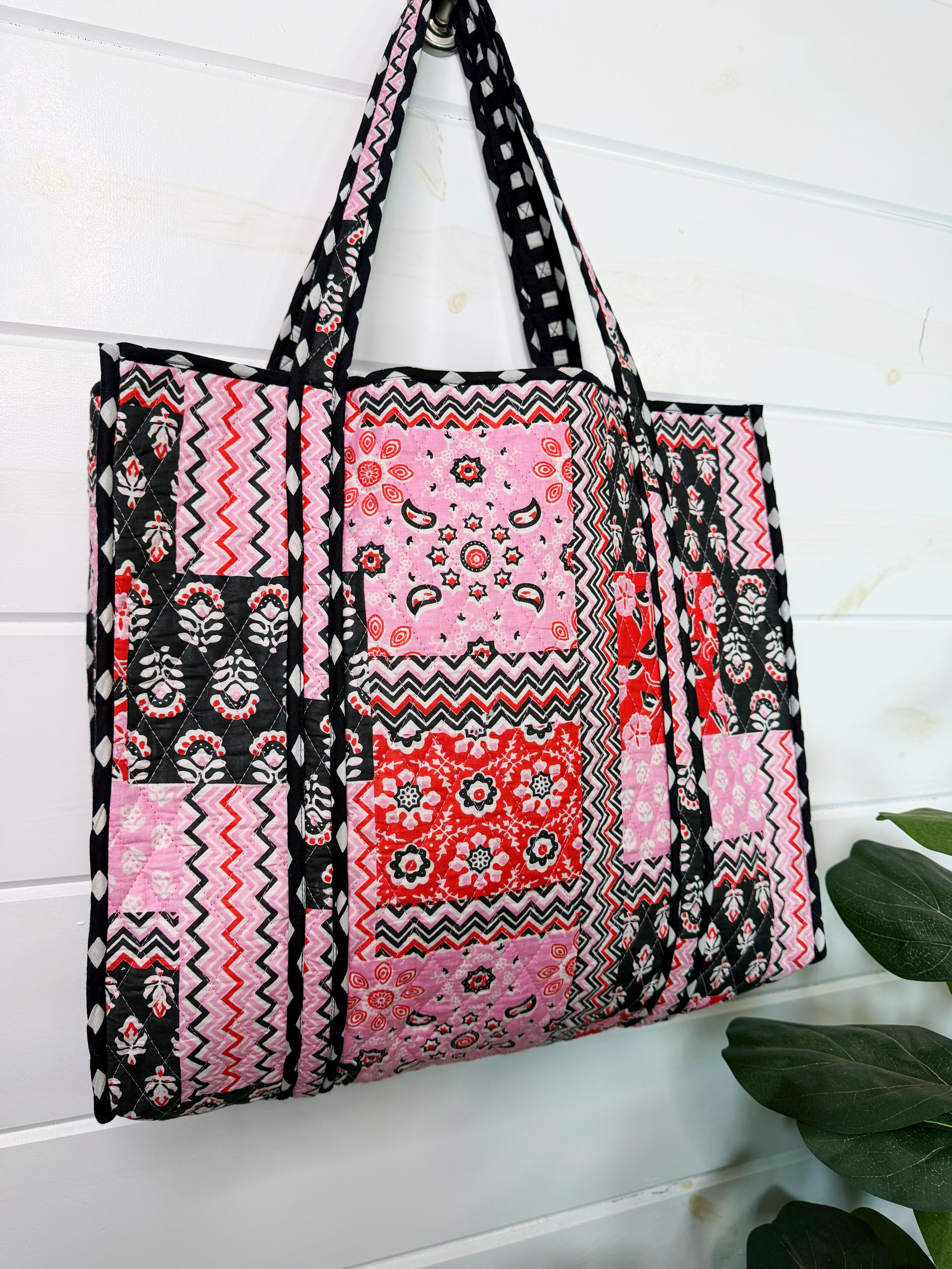 Quilted Large Tote Bag - Pink and Red Patchwork Print