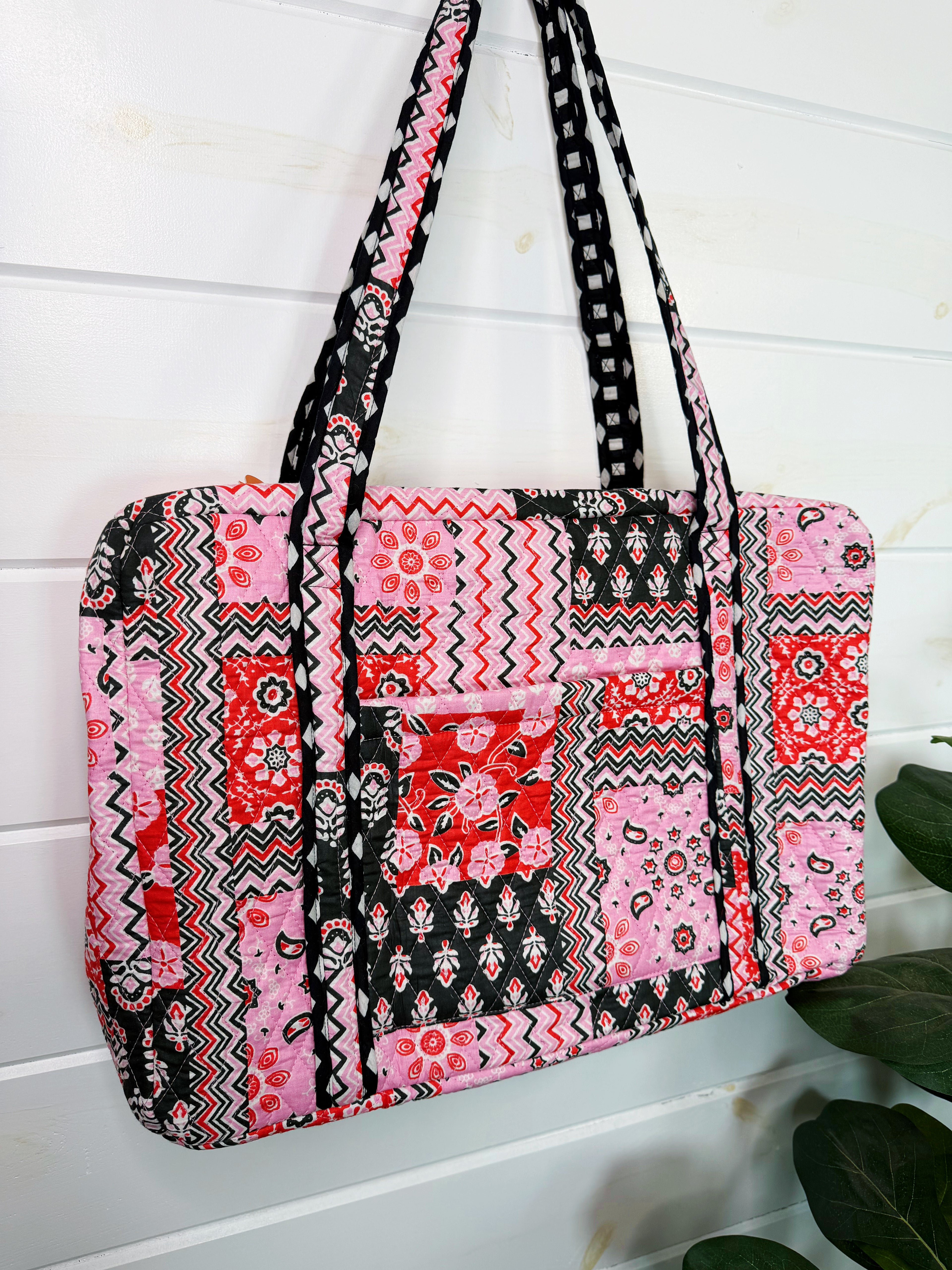 Quilted Weekender Overnight Bag - Pink and Red Patchwork Print