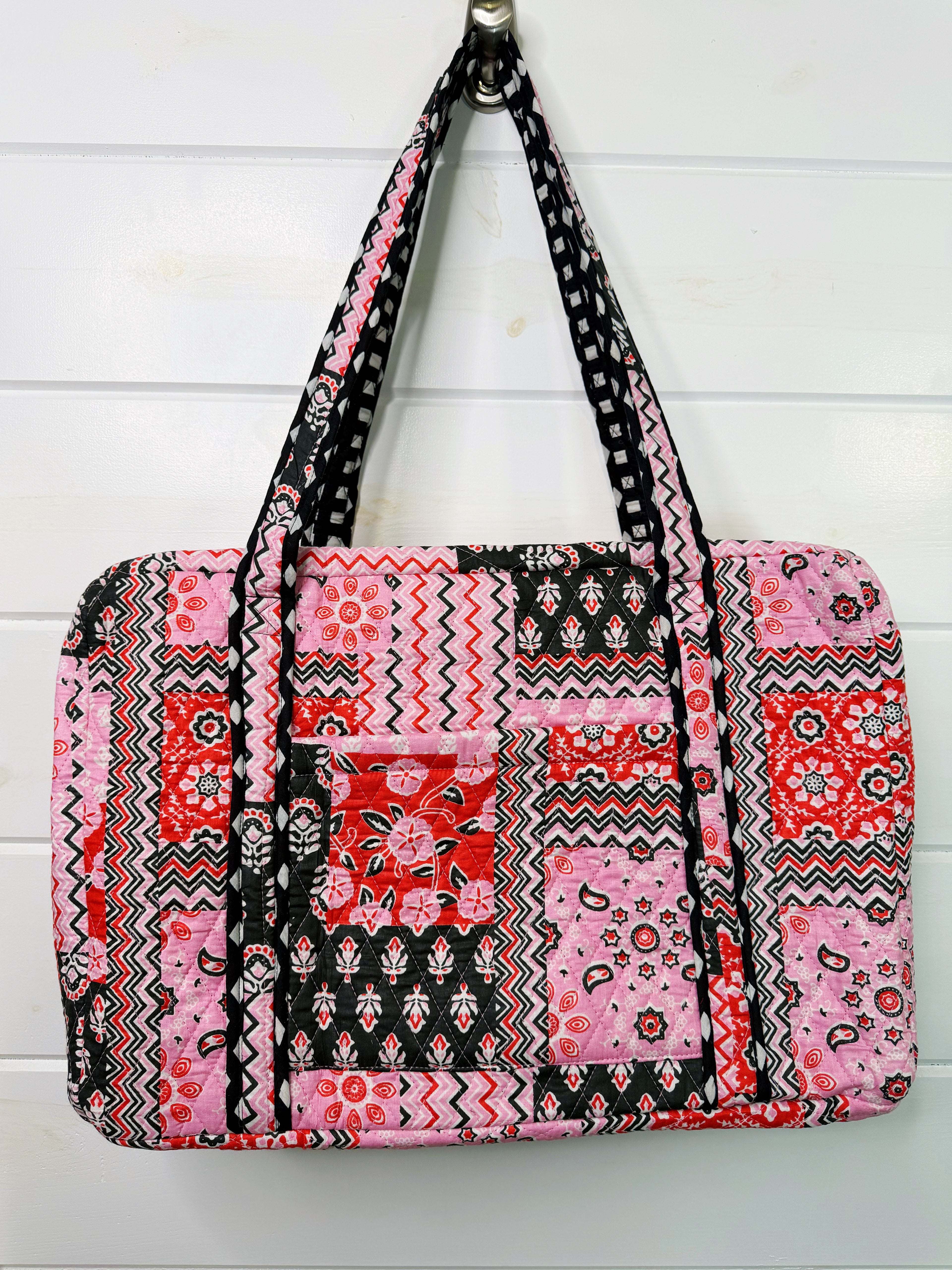 Quilted Weekender Overnight Bag - Pink and Red Patchwork Print