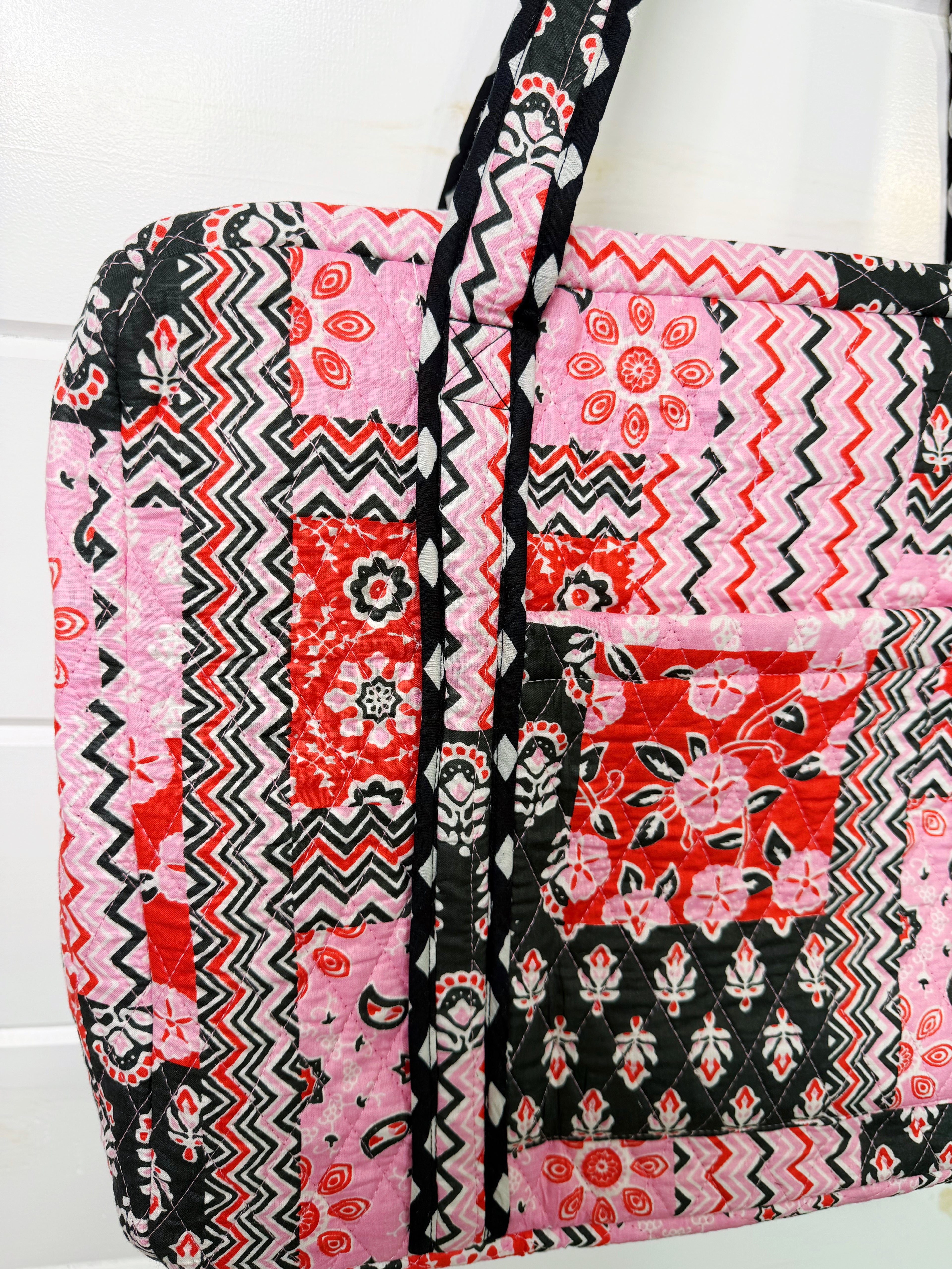 Quilted Weekender Overnight Bag - Pink and Red Patchwork Print