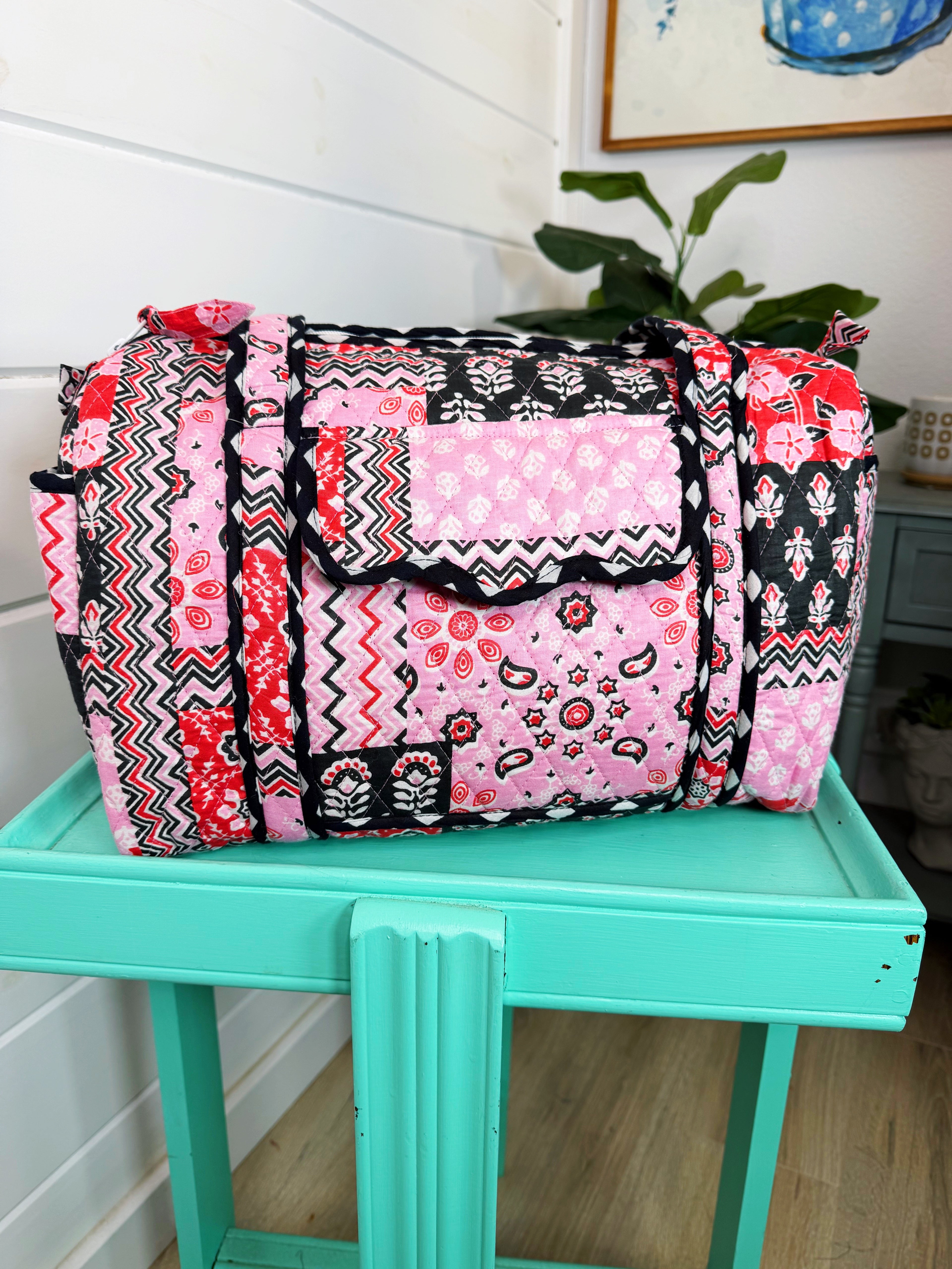 Quilted Mini Duffle Bag - Pink and Red Patchwork
