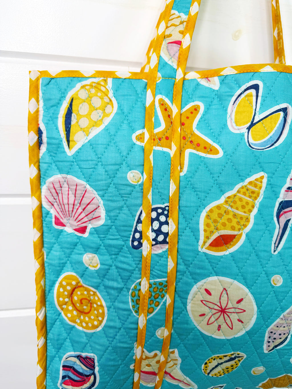 Quilted Large Tote Bag - Aqua Seashell Print
