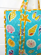 Quilted Large Tote Bag - Aqua Seashell Print