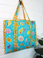 Quilted Large Tote Bag - Aqua Seashell Print