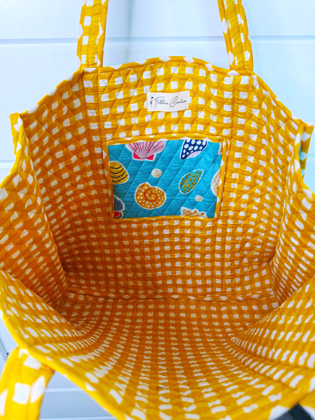 Quilted Large Tote Bag - Aqua Seashell Print